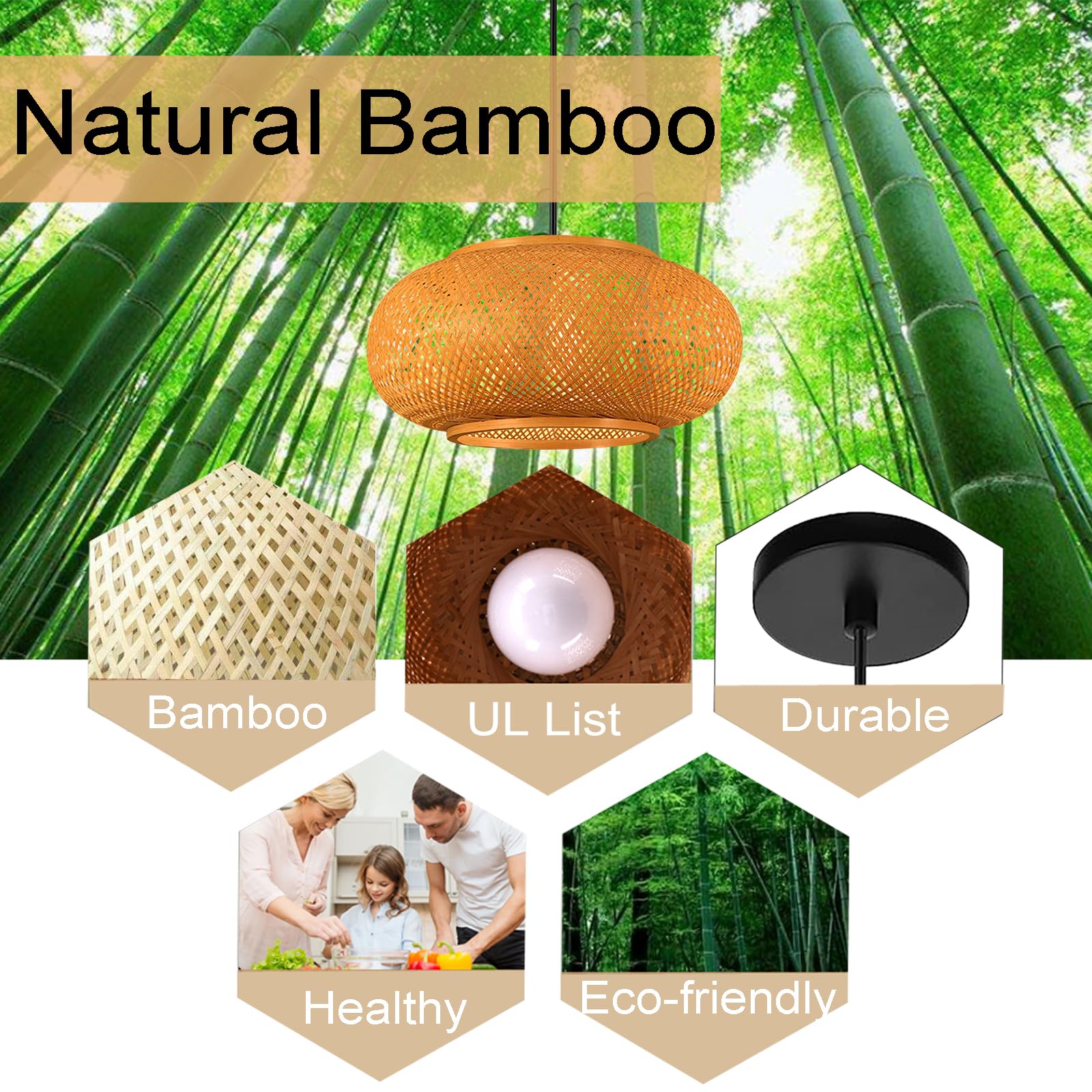 GWY Bamboo Lantern Pendant Light - Japanese Retro Style E27 Chandelier Hanging Ceiling Lamp for Living Room, Bedroom, Restaurant & Cafe | Perfect for Zen Decor, Asian Tea Houses, Bars and Dining Areas