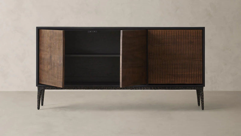 Handmade Solid Wood Sideboard Cabinet with Black and Brown Metal Frame - 3 Doors Storage for Dining Room, Living Room, or Entryway Organization