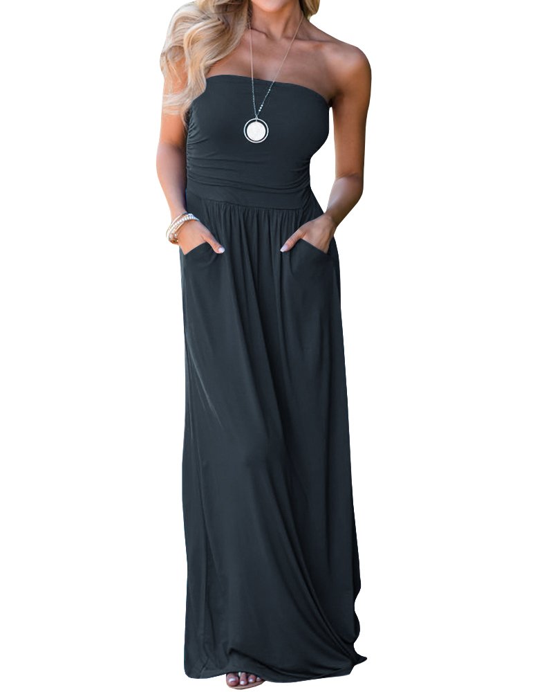 Ofenbuy Women's Off The Shoulder Maxi Dress - Summer Strapless Bandeau Long Dress with Pockets | Beach Wedding, Vacation, Party Wear