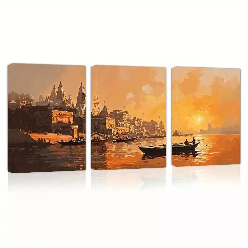 3-Piece Charming Sunset and Harbor Boats Canvas Art Set - 50x70cm Framed Wall Decor | High Quality Australian Made Print | Ready to Hang | Perfect for Living Room, Bedroom & Office Decor