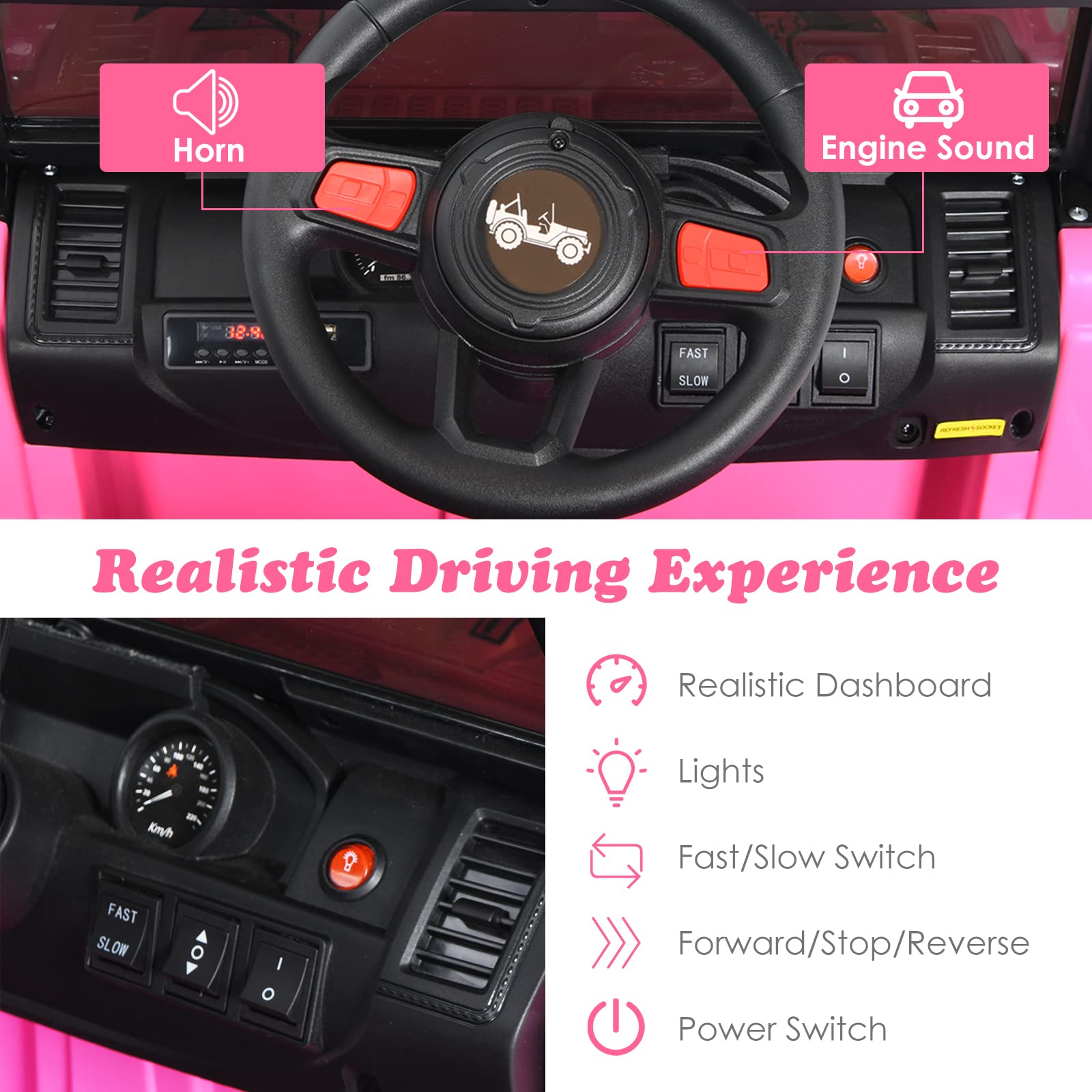 OLAKIDS 12V Electric Ride On Truck for Kids - Remote Control Battery Powered Toddler Car with Music, Horn, 3 Speed Settings, LED Lights & Bluetooth - Pink Kids Toy Truck for Indoor/Outdoor Play, Birthday Gifts & Backyard Fun
