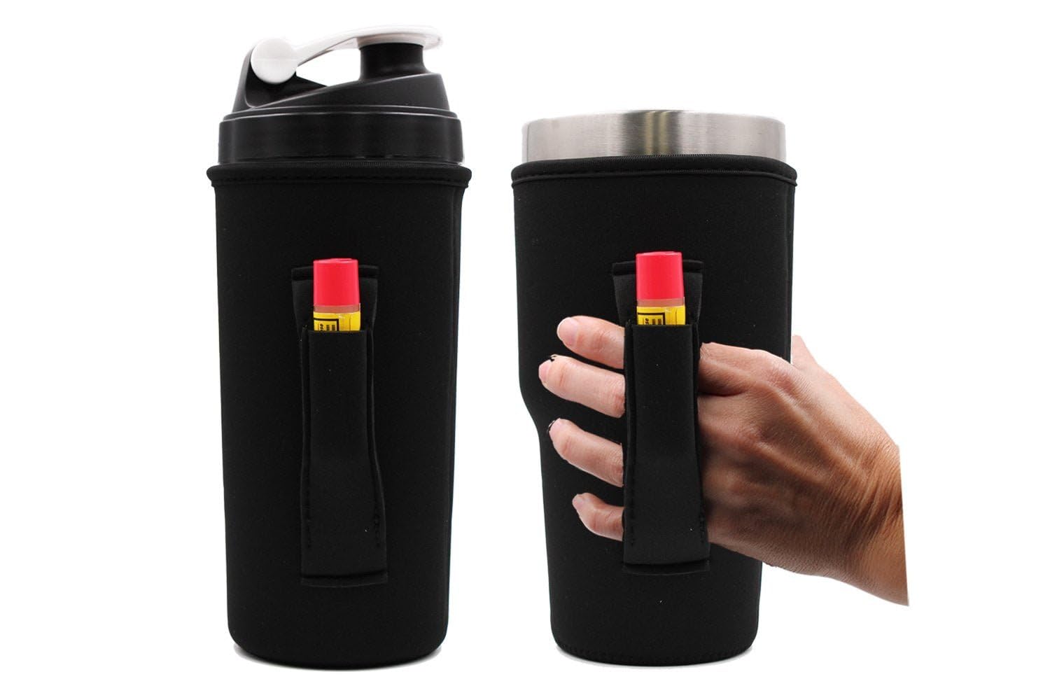 Premium Neoprene Tumbler Sleeve with Handle & Pocket - Insulated 30-38oz Cup Cover for Beer, Cans & Shakers - Water Resistant Drink Holder for Beach, Pool & Outdoor Activities (Safety Yellow)