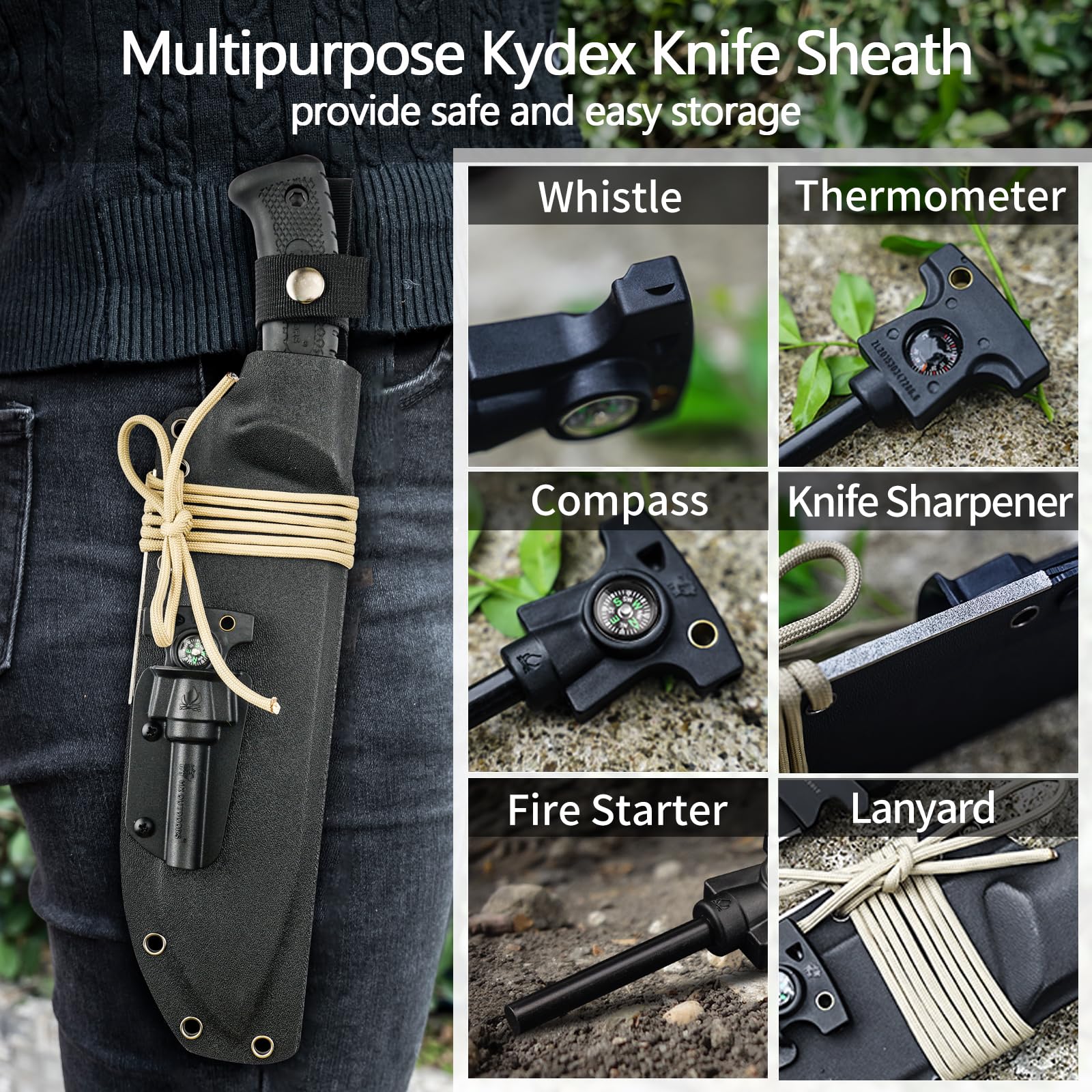 HX Outdoors 14 Inch D2 Steel Bush Machete Kukri Knife - Full Tang Survival Knife with Kydex Sheath for Gardening, Camping, Hiking & Brush Clearing | Heavy Duty Outdoor Tool for Wilderness Survival & Yard Work (Black)