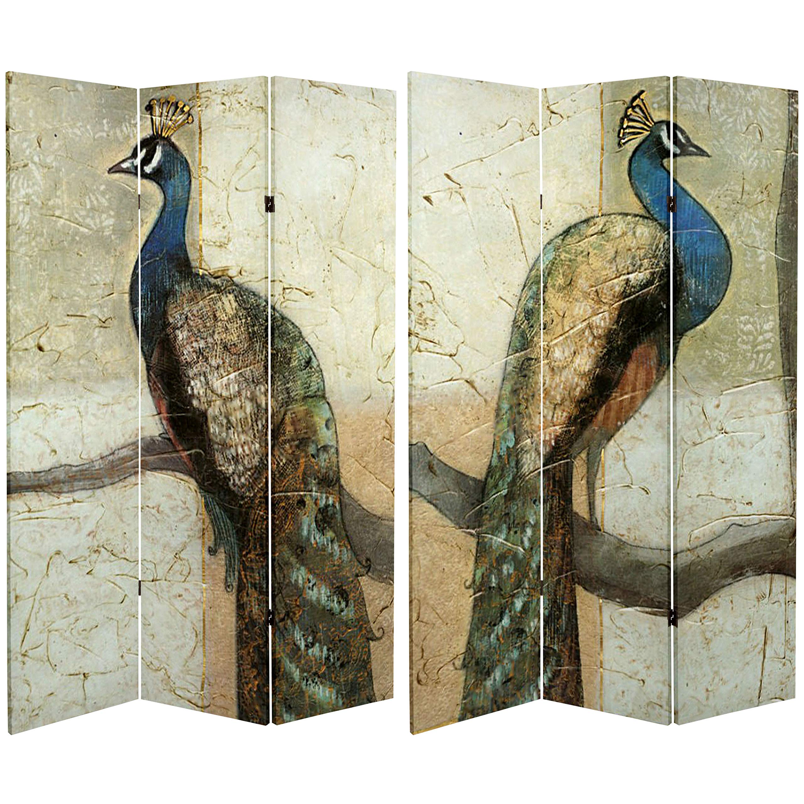 6 ft. Tall Double Sided Peacock Canvas Room Divider - Handmade Beige Folding Screen for Home Decor, Office Partition & Wedding Backdrop | Traditional Chinese Red Lantern Design