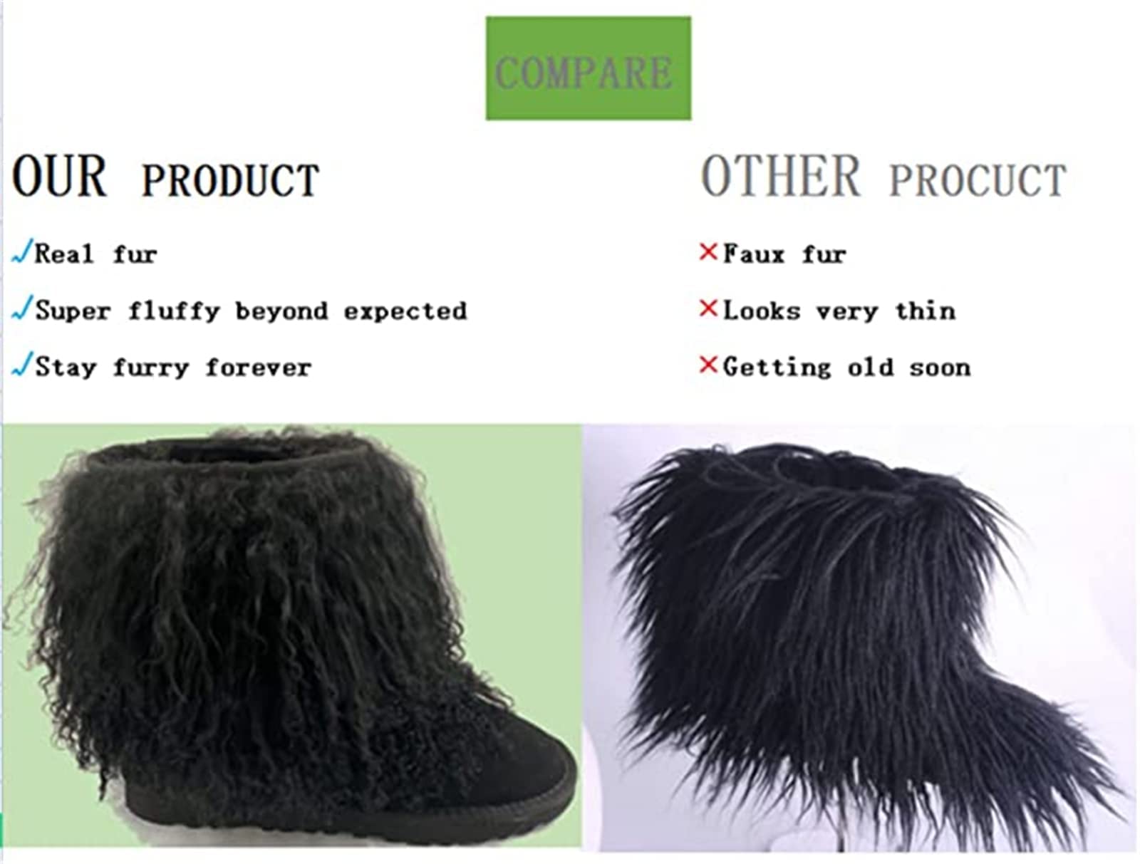 MSBT Women's Genuine Mongolian Lamb Fur Snow Boots - Winter Warm Fuzzy Booties with Tibetan Sheep Fur & Soft Shearling Lining - Tall Mid Calf Yeti Boots for Girls & Ladies - Perfect for Snowy Days, Winter Hiking & Cold Weather Fashion