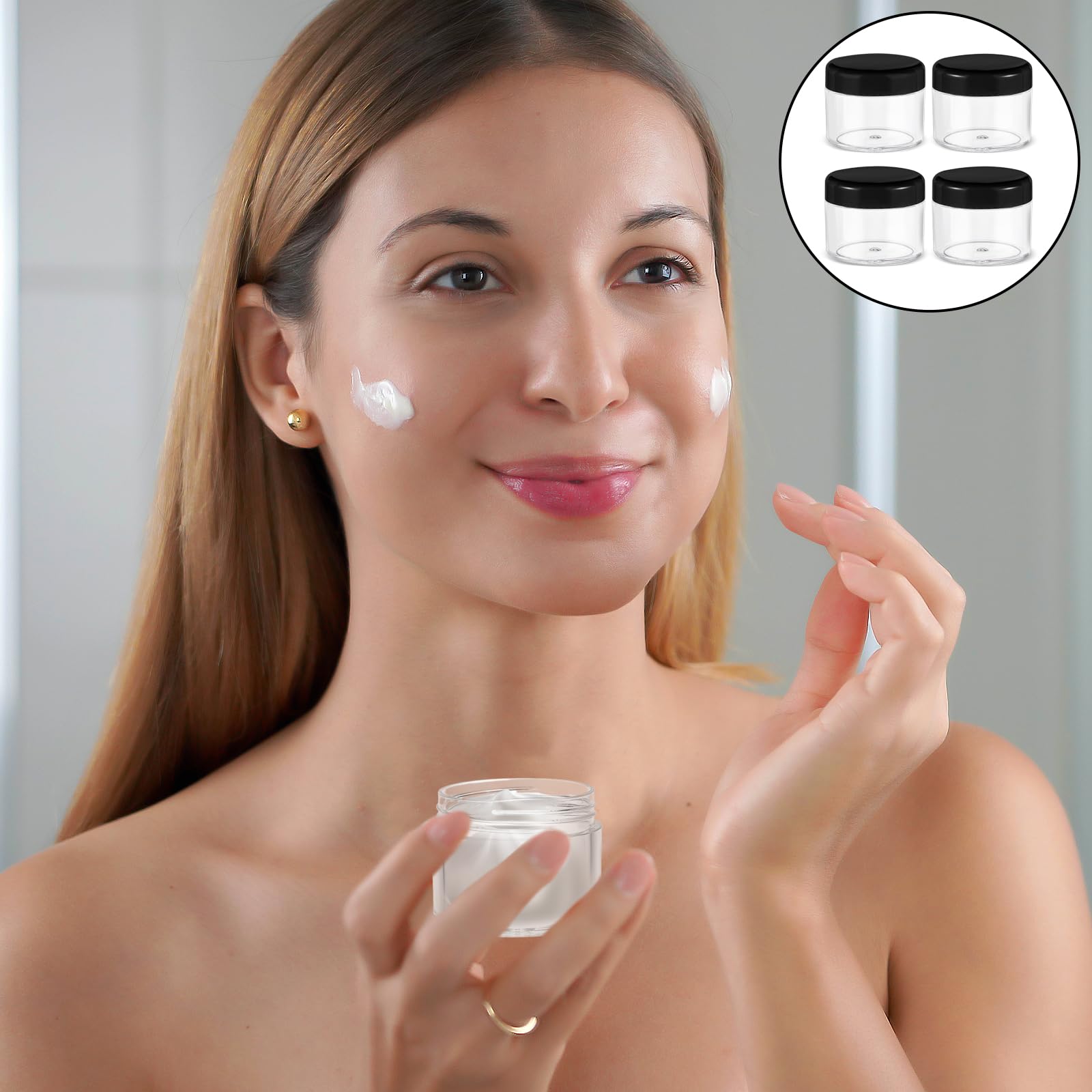 4 Pack 0.7oz Refillable Travel Cream Jars - Leak-Proof Plastic Cosmetic Containers with Lids & Spatula for Toiletries, Makeup Samples, Essential Oils - Perfect for DIY Beauty Products, Travel Storage & On-the-Go Touch Ups (Black)