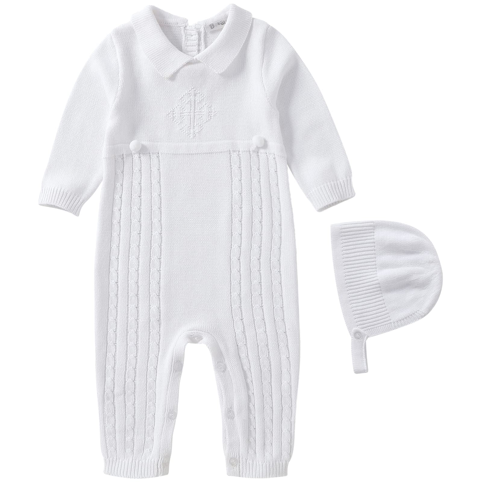 Booulfi Baby Boy's Christening Baptism Outfit Set - White Suit with Hat & Cross Detail for Newborn Baptism, First Communion & Special Occasions