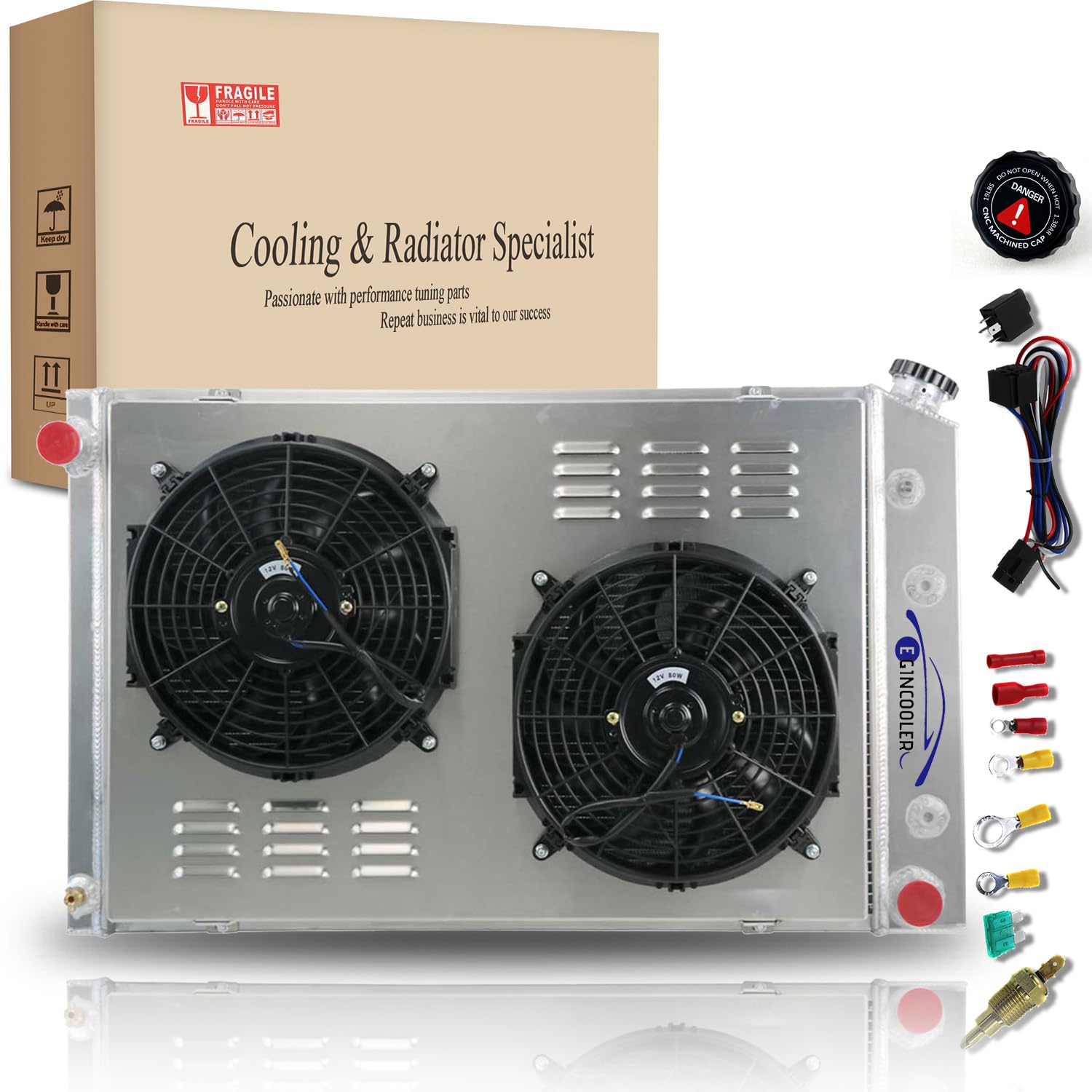All Aluminum 4 Row Core Radiator for 1973-1991 Chevy GMC C/K Series Pickup Trucks C10 C20 C30 K10 K20 K30 - Heavy Duty Cooling System with Dual 12