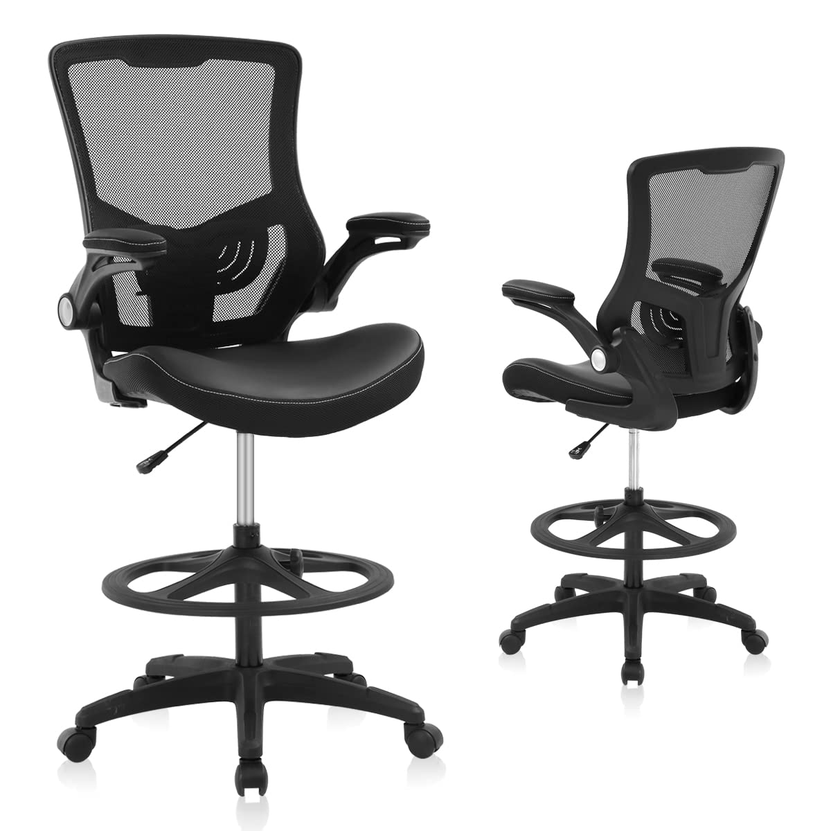 **Ergonomic Adjustable Drafting Chair with Flip-Up Arms & Footrest - Black Mesh Office Chair for Standing Desks, Back Support & Rolling Computer Work - Ideal for Architects, Designers & Home Office Use**