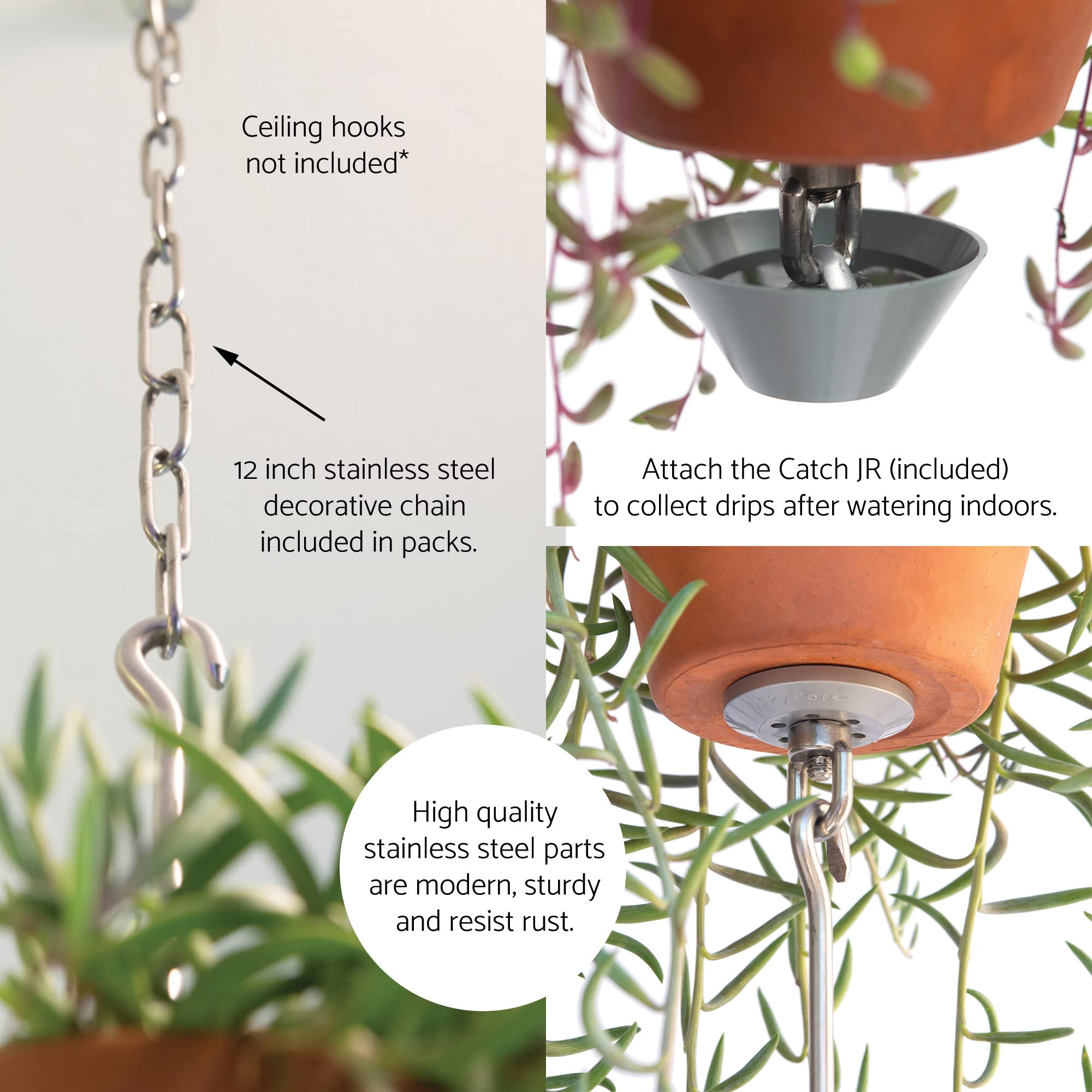 5-Piece Stainless Steel Pot Hanger Kit with Accessories - Connectable Hanging Planter System for Vertical Gardens - Indoor/Outdoor Use with Drainage Holes - Perfect for Balconies, Patios & Small Space Gardening
