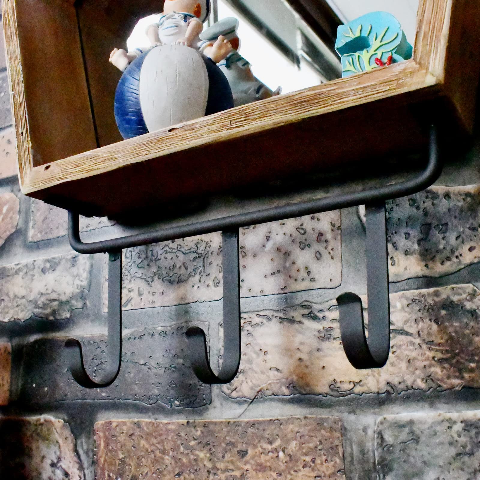 Rustic Wood Framed Wall Mirror with Hooks and Shelf - Decorative Hanging Entryway Mirror for Bathroom, Living Room, Bedroom - Farmhouse Decor (13.78