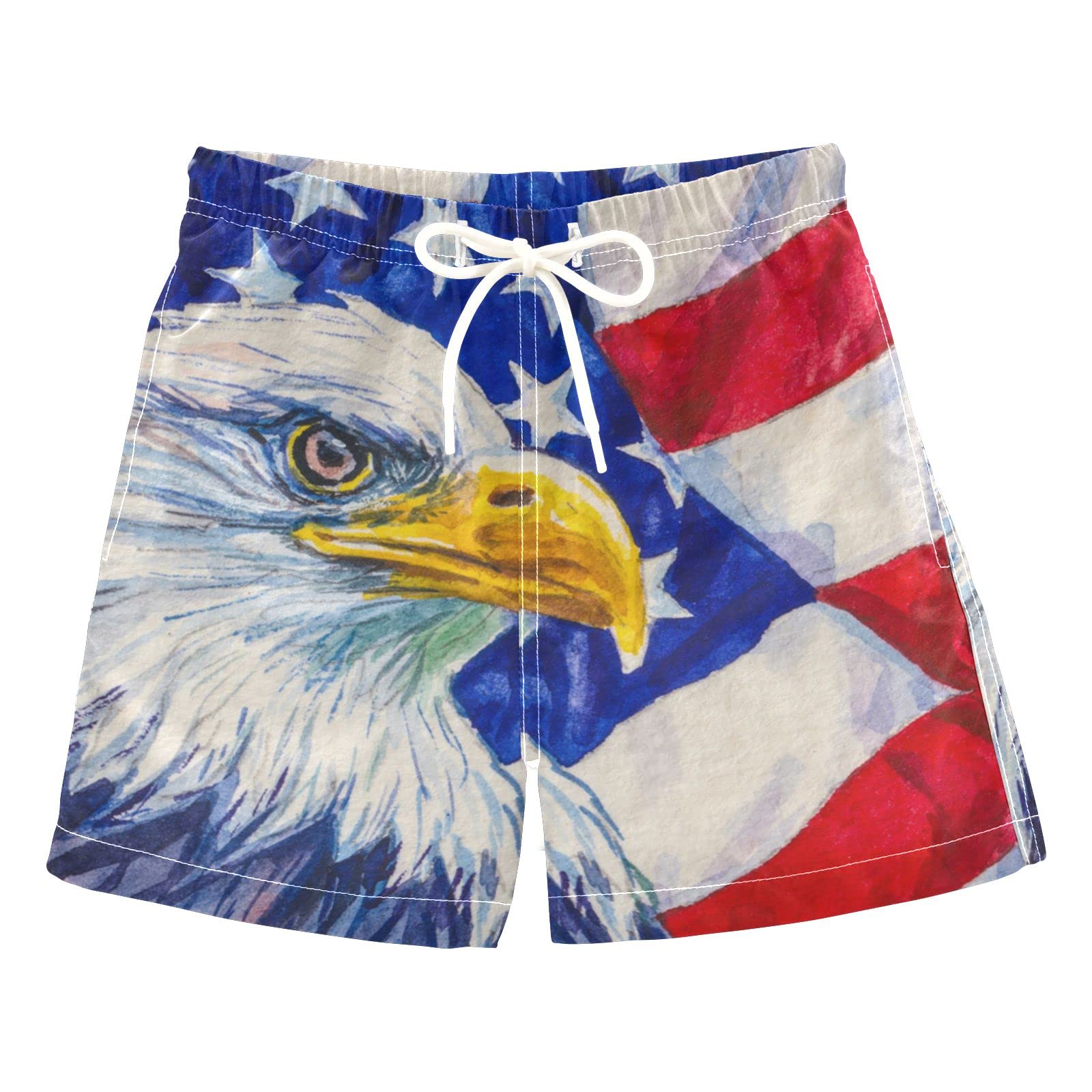 Eagle American Flag Boys Swim Trunks - Quick Dry Toddler & Kids Bathing Suits (2T-16) with Adjustable Waist - Patriotic Red Swim Shorts for Beach, Pool & Summer Water Activities