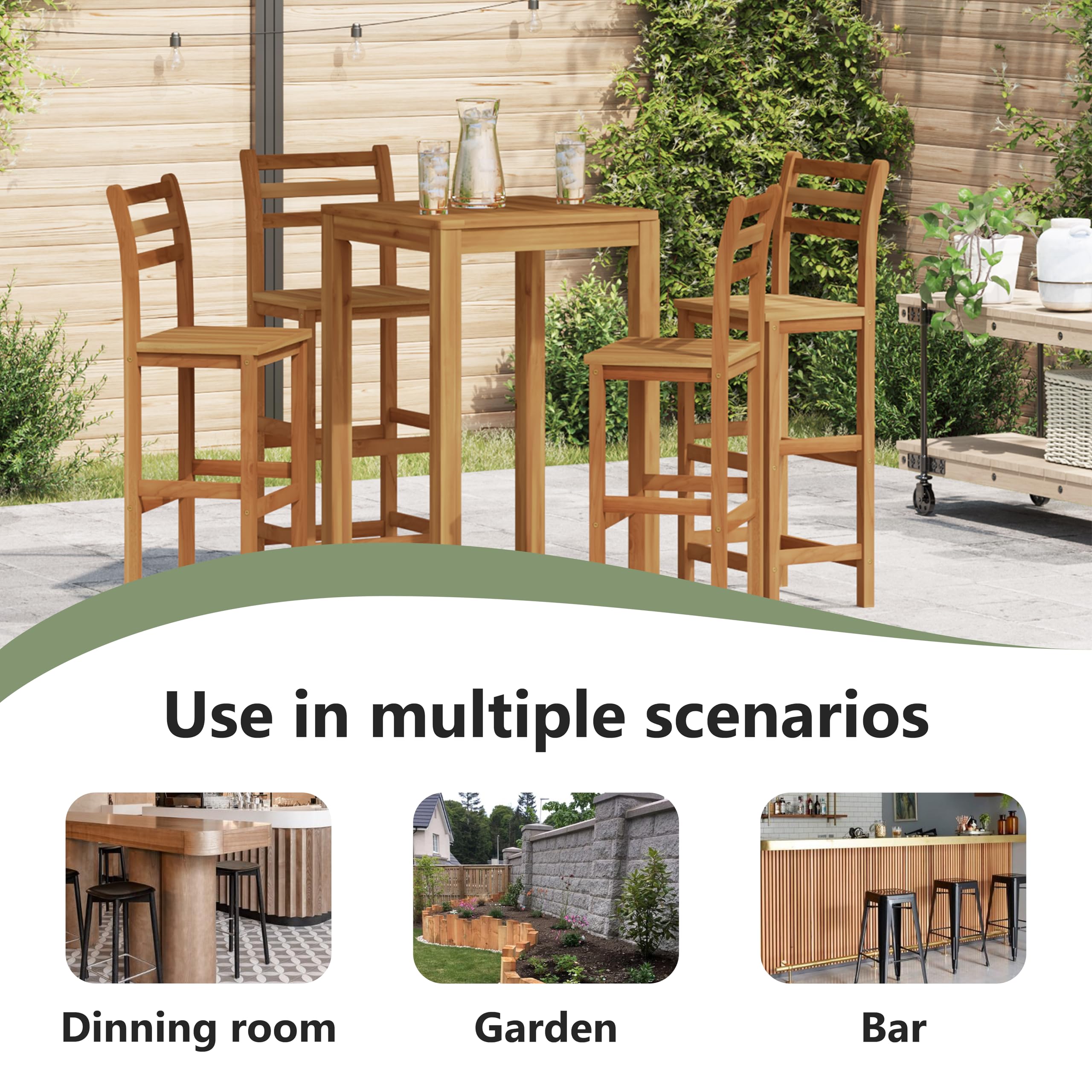 Set of 4 Solid Acacia Wood Bar Stools with Backrest & Footrest - 14.2
