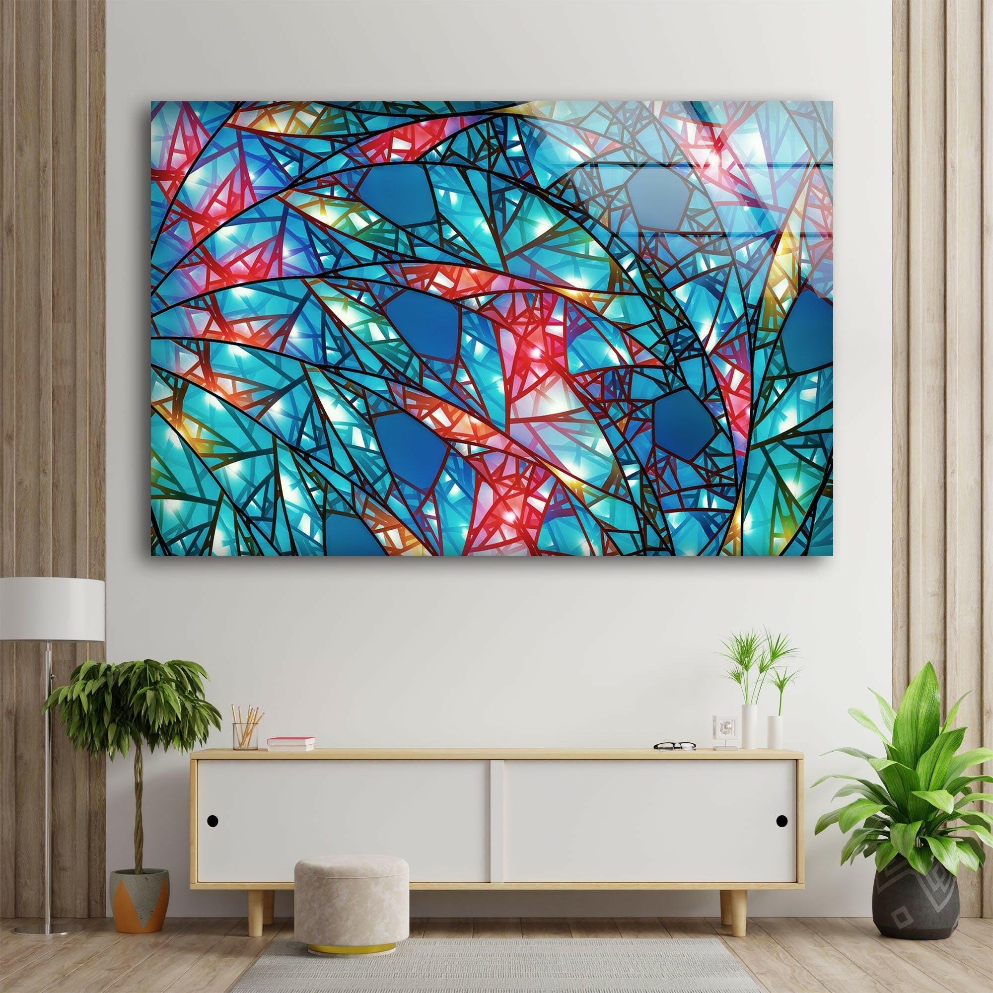 Blue Stained Abstract Glass Wall Art - Modern Handmade Home Decor for Living Room, Bedroom & Office - Unique Contemporary Artwork for Interior Design