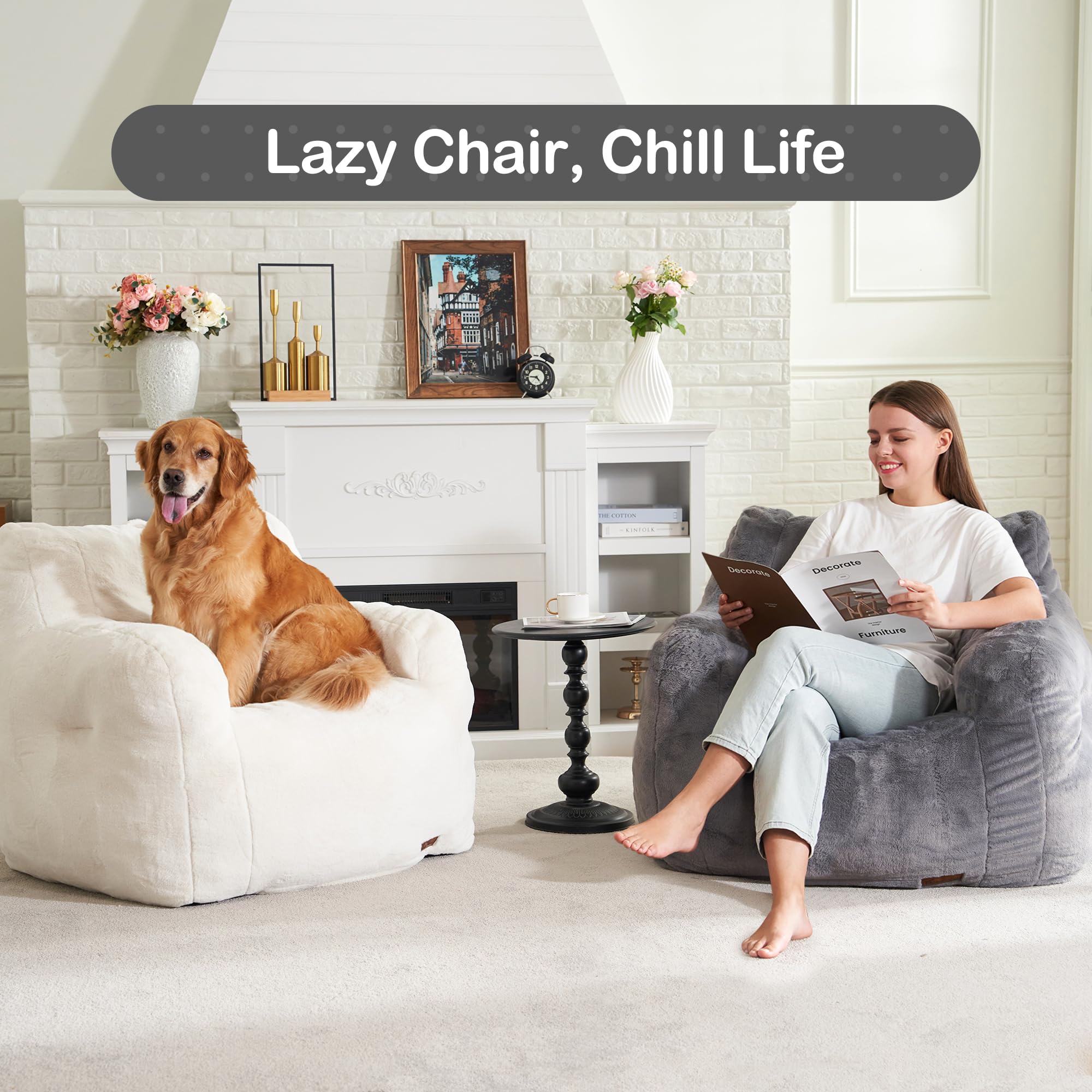 Hobestluk Furry Bean Bag Chair with Arms - Small Foam Filled Beanbag Sofa for Adults, Grey - Perfect for Reading, Relaxing in Bedroom, Living Room, Dorm & Game Room