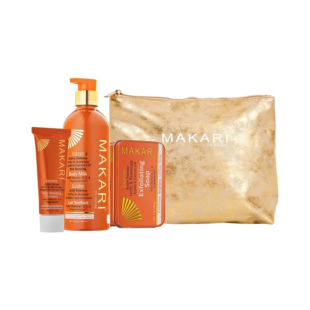 MAKARI Extreme Argan & Carrot Oil 3-Piece Skincare Gift Set - Exfoliating Soap, Tone Boosting Body Lotion & Face Cream for All Skin Types | Botanical Self Care Kit for Women | Perfect for Daily Skincare Routine, Spa Day & Gift Giving
