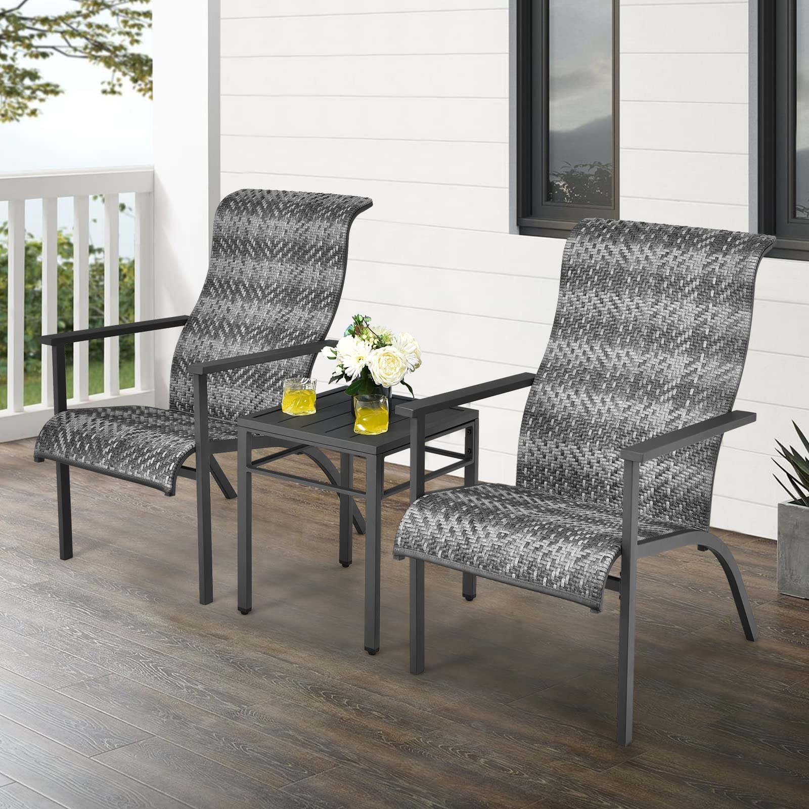 Tangkula 3-Piece Patio Bistro Set - PE Rattan Chairs & Coffee Table, Outdoor Conversation Furniture with High Backrest & Rust-Resistant Steel Frame - Perfect for Patio, Garden, Poolside, Backyard & Balcony (Mix Gray) | Ideal for Relaxing, Entertaining & Outdoor Dining