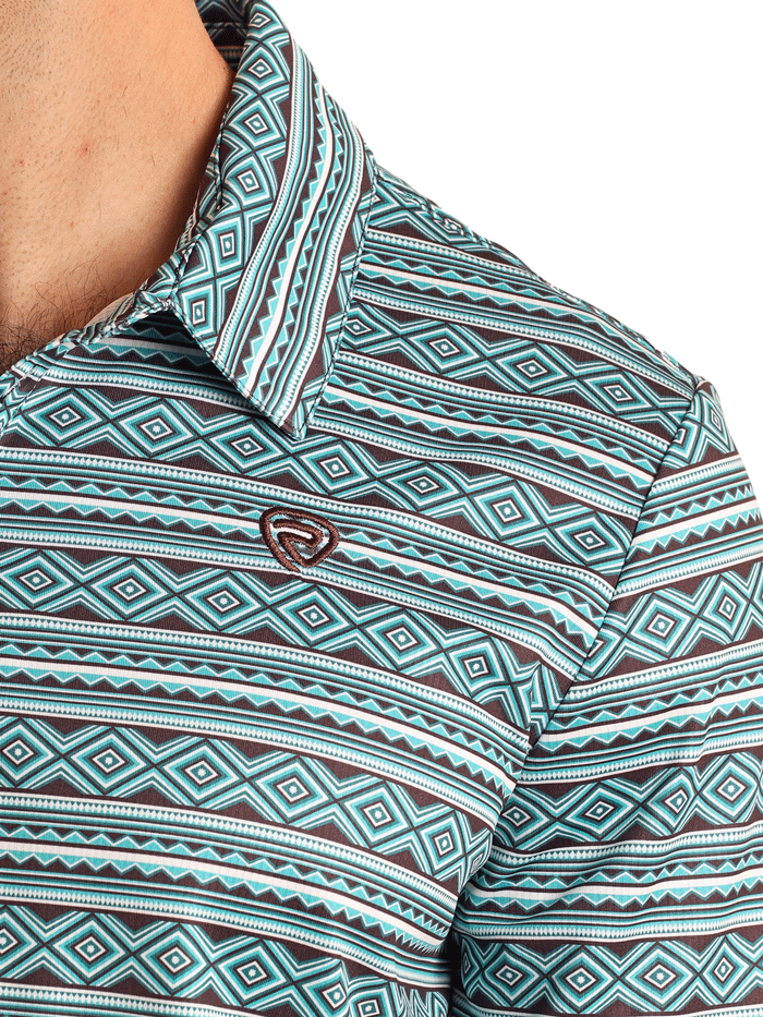 Rock & Roll Denim Men's Aztec Printed Polo Shirt - Teal Blue Casual Short Sleeve Top for Summer Streetwear & Music Festivals