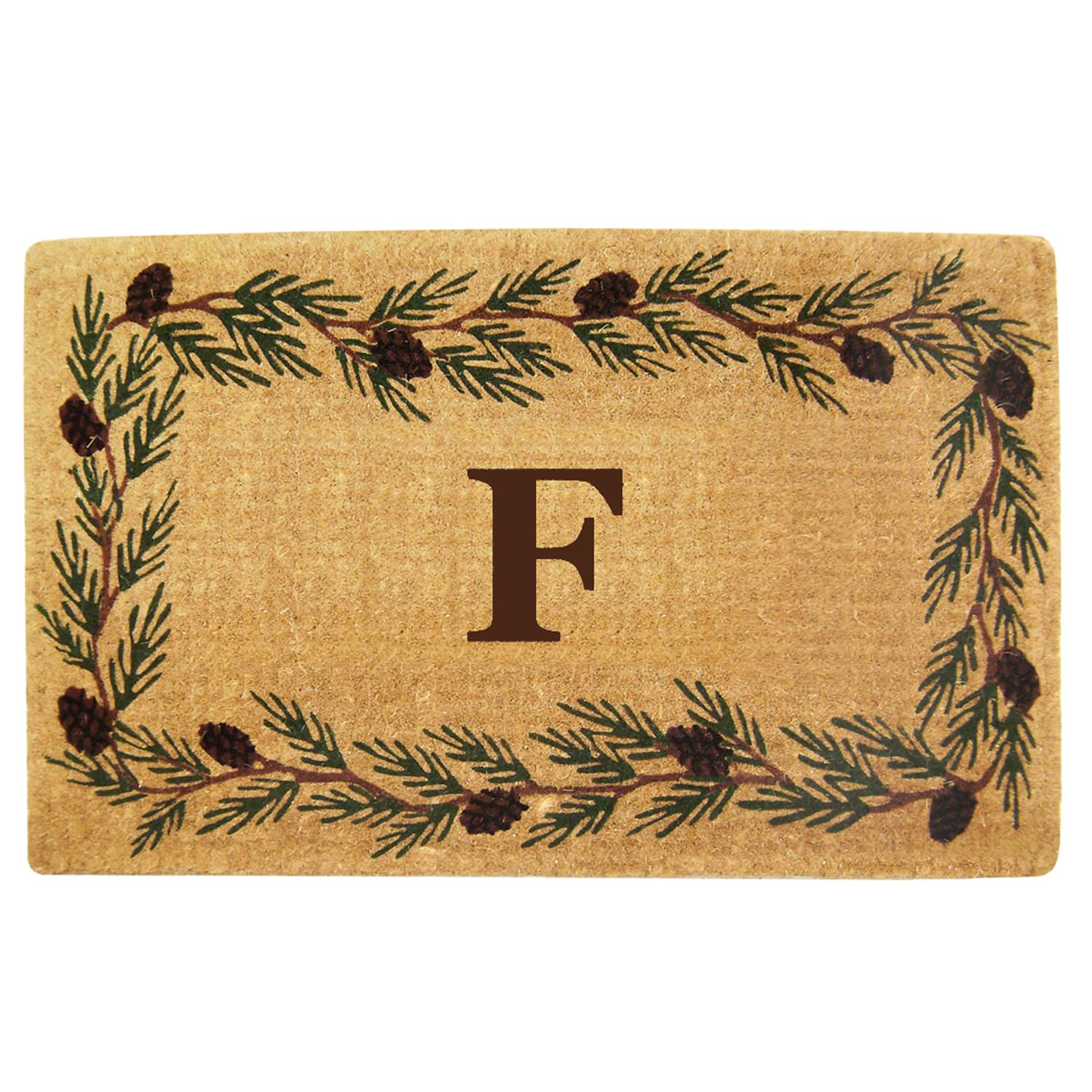 Nedia Home Heavy Duty Coir Door Mat - Personalized Monogram F, Evergreen Design, Natural Coco Fiber Welcome Mat for Front Door, Durable Handcrafted Outdoor Rug, Fade-Resistant & Eco-Friendly, 30