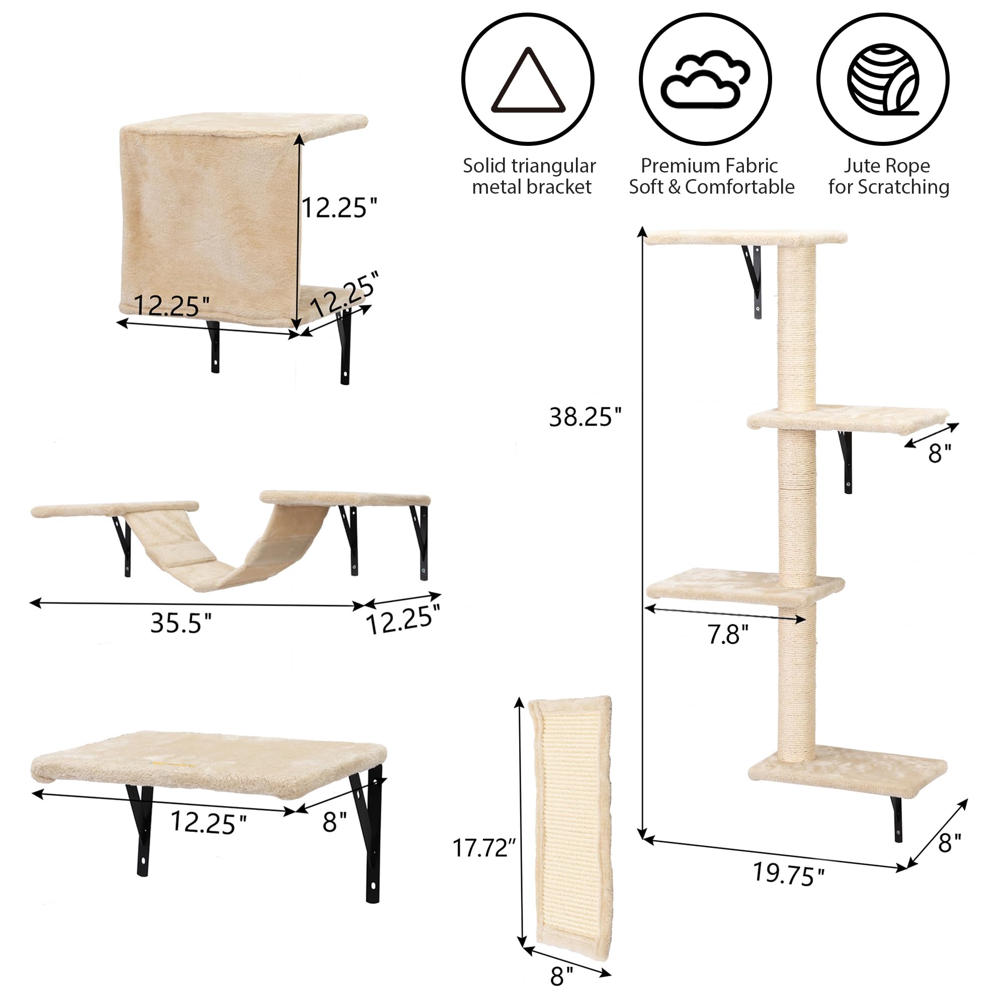 COZIWOW 5-Piece Cat Wall Shelves & Perches Set - Modern Cat Climbing Furniture with Scratching Post, Hanging Bed, House, Steps & Tree for Large & Small Cats (Beige) - Perfect for Indoor Cat Play & Relaxation Spaces