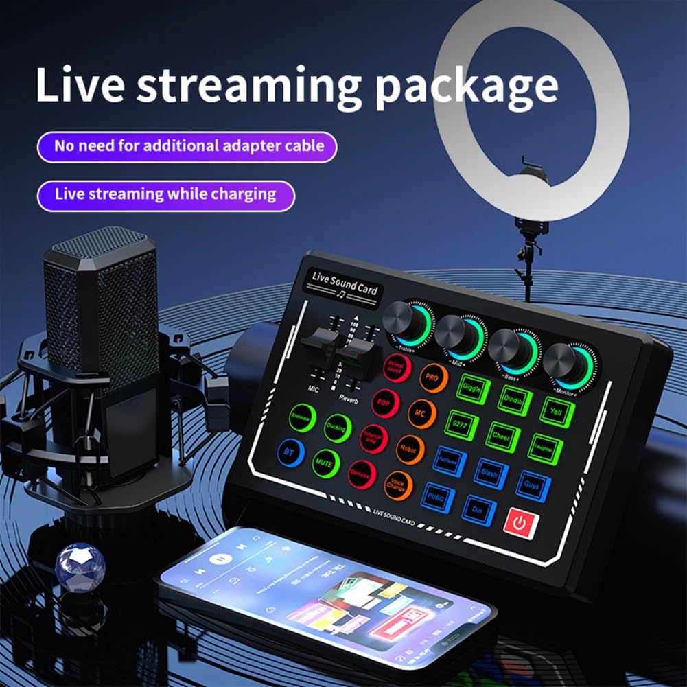 Komdndht V88 USB Audio Mixer - External Sound Card with Headset Microphone for Live Streaming, Podcasting & Gaming - Compatible with Mobile Phones & Computers (Black) - Perfect for Home Studios, Online Classes & Content Creation