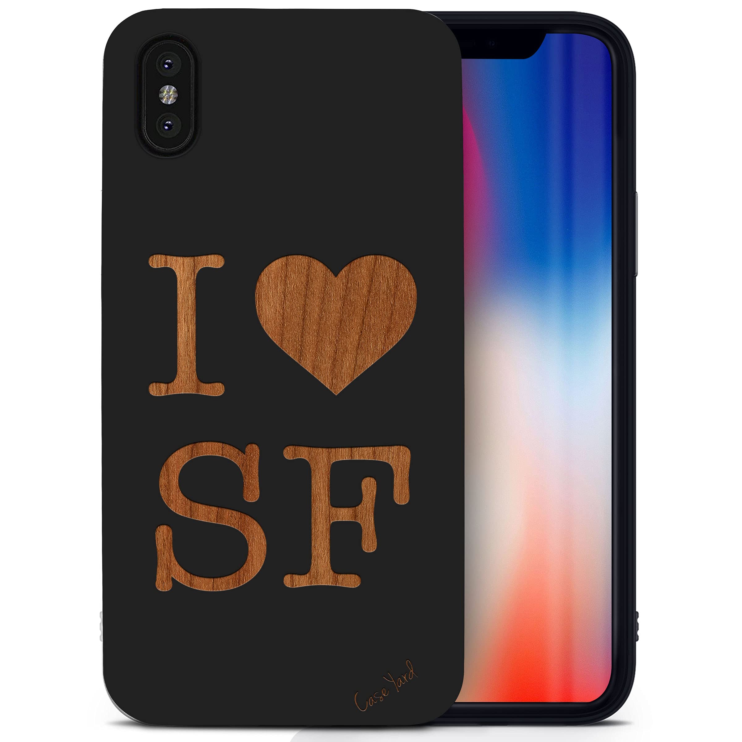 Wooden iPhone X Case with Laser Engraved Love SF Design - Shockproof Slim Fit Protective Cover for Men & Women | Perfect for Everyday Use, Travel & Gift Giving