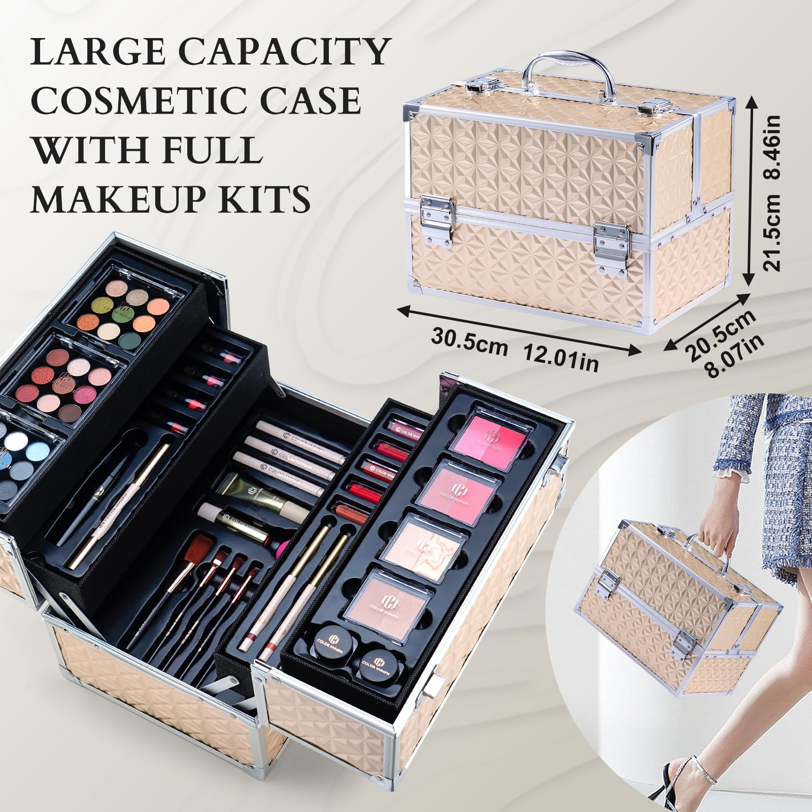 Color Nymph Professional Makeup Kit for Women & Teens - Complete Cosmetic Set with Eyeshadow, Blush, Lipstick, Mascara in Gold Storage Case | Perfect for Birthday Gifts, Parties & Everyday Glam