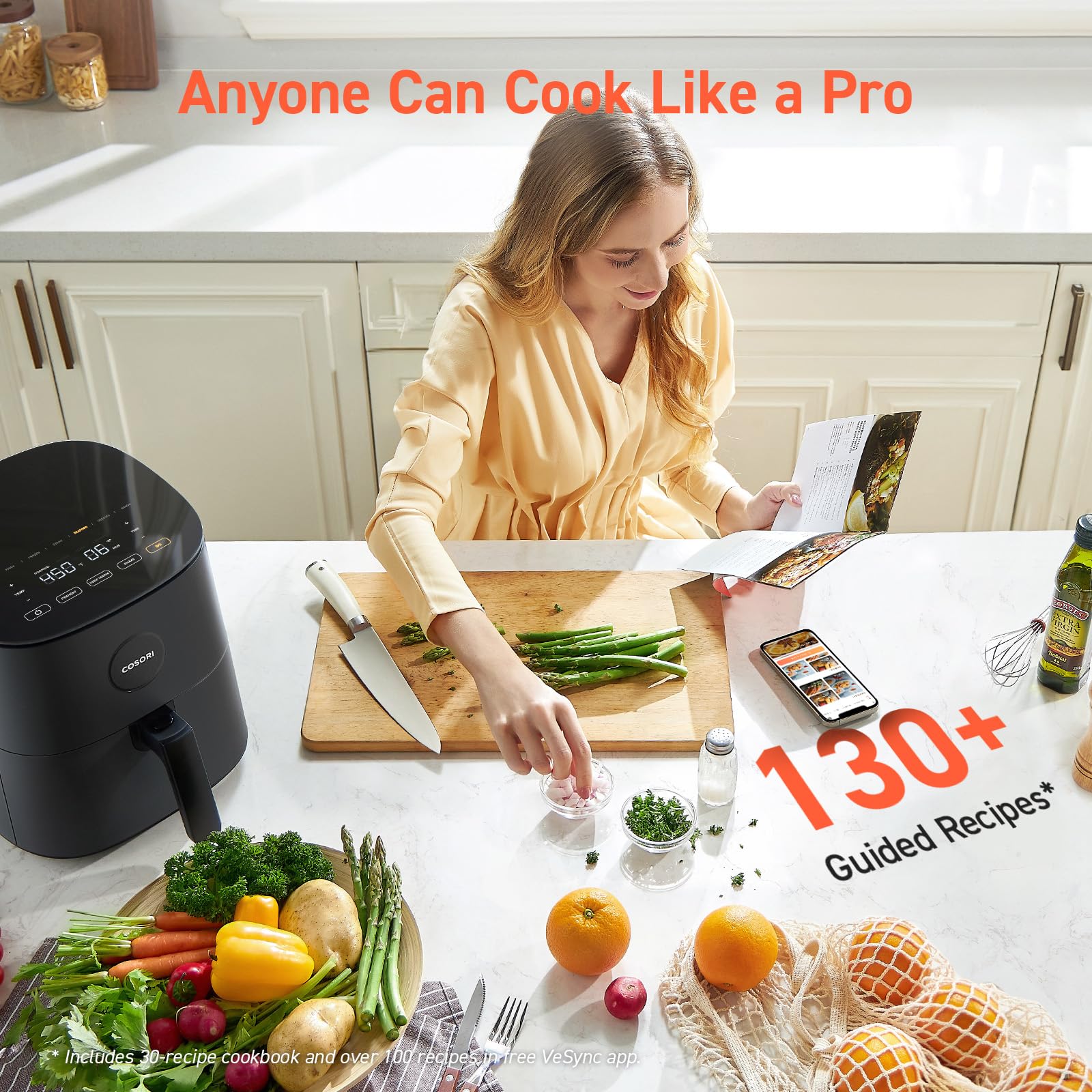 COSORI 5Qt (4.7L) Air Fryer - 9-in-1 Oil Free Air Fryer Oven with 450℉ Fast Cooking, Quiet Operation & Nonstick Dishwasher Safe Basket - Includes 30 Exclusive Recipes - Perfect for Healthy Cooking, Quick Meals & Family Dinners