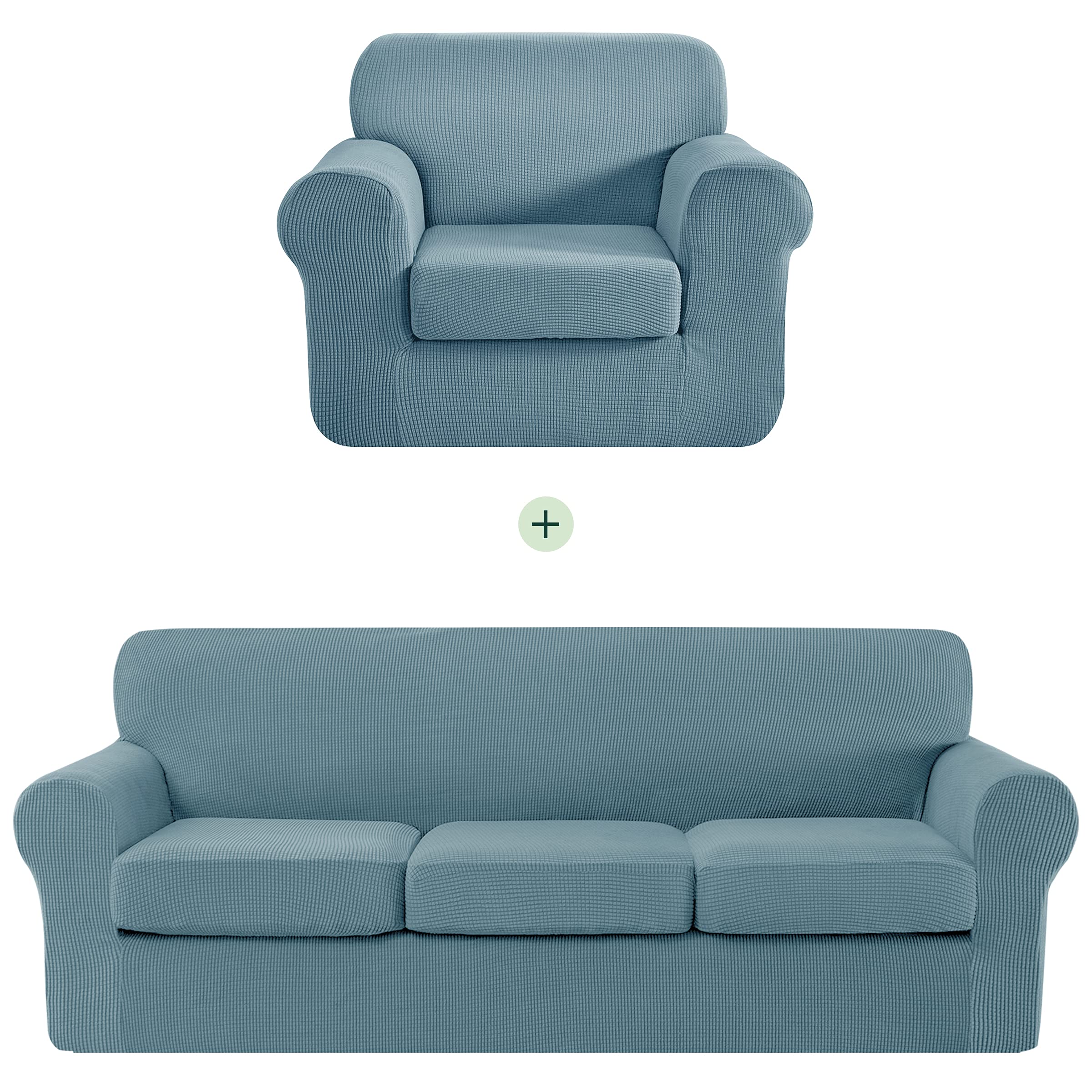 CHUN YI Stretch Sofa Slipcover Set - 1-3 Seater Couch & Armchair Cover with Separate Cushion Covers - Soft Spandex Fabric (Smoky Blue) - Perfect for Living Room, Family Room & Home Decor