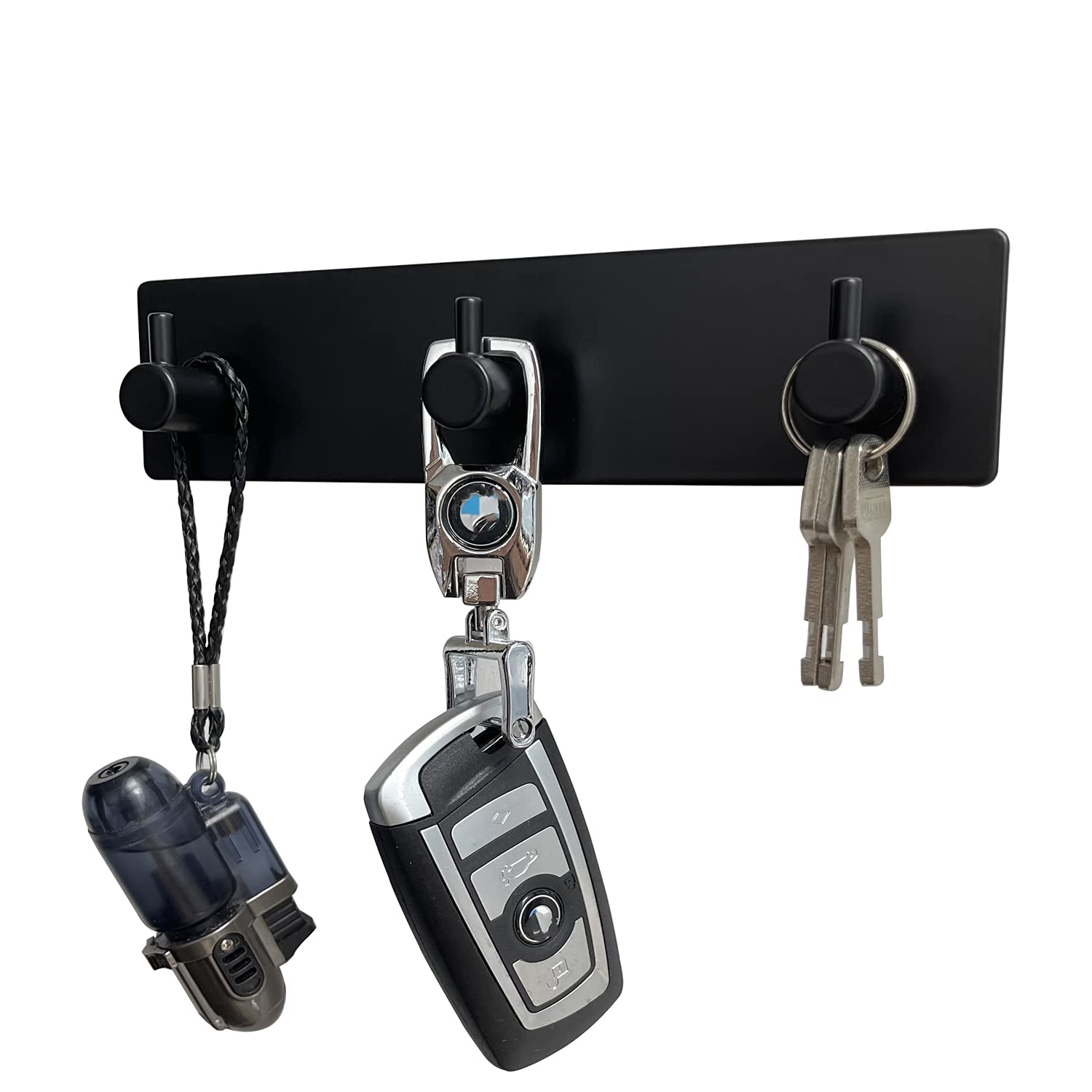 Stainless Steel Wall Key Holder with 3 Hooks - Decorative Adhesive Key Organizer for Entryway, Kitchen, Bedroom & Bathroom - Perfect for Hanging Keys, Towels and Small Items (Black)
