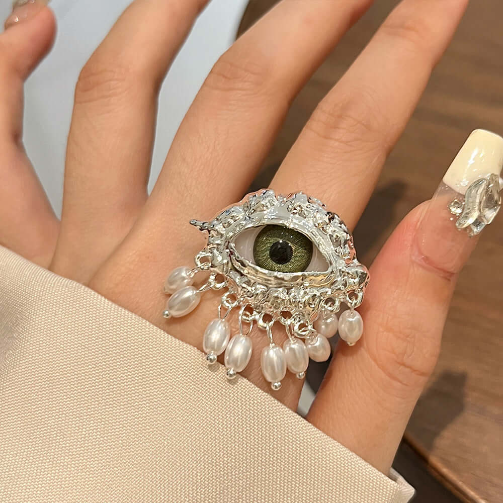 Evil Eye Cocktail Ring with Pearl Tassel - Chunky Statement Jewelry for Women | Z1973 | Perfect for Parties, Date Nights & Boho Fashion Accessories