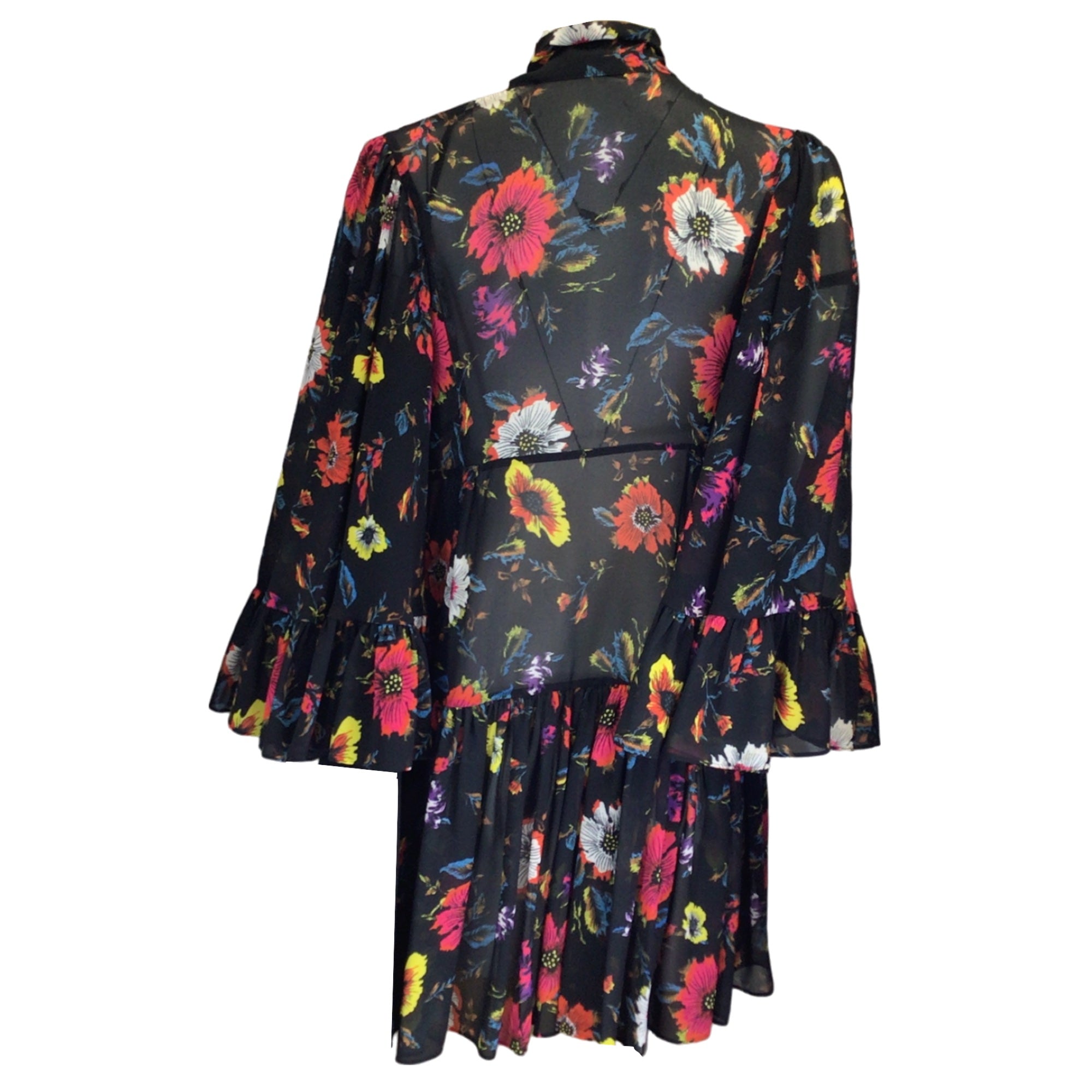 McQ by Alexander McQueen Black Multi Floral Printed Tie Neck Ruffled Silk Dress for Women | Elegant Evening Gown for Parties, Weddings & Special Occasions