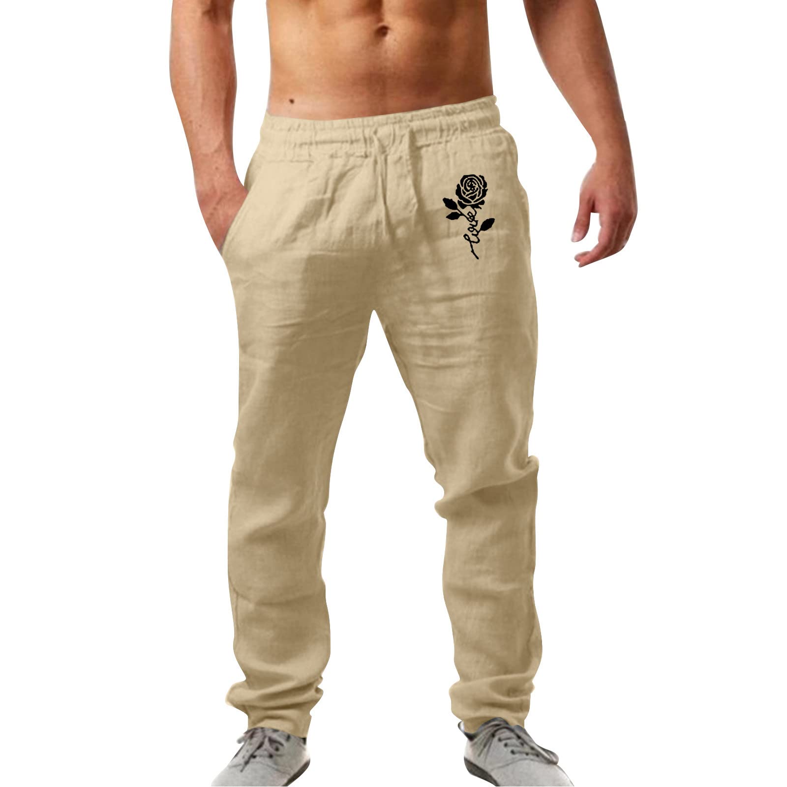 IJKEID Men's Fashion Casual Printed Linen Cargo Pants with Tie Band & Pocket - Comfortable Lace-Up Design for Large Size - Perfect for Outdoor, Travel & Streetwear Style