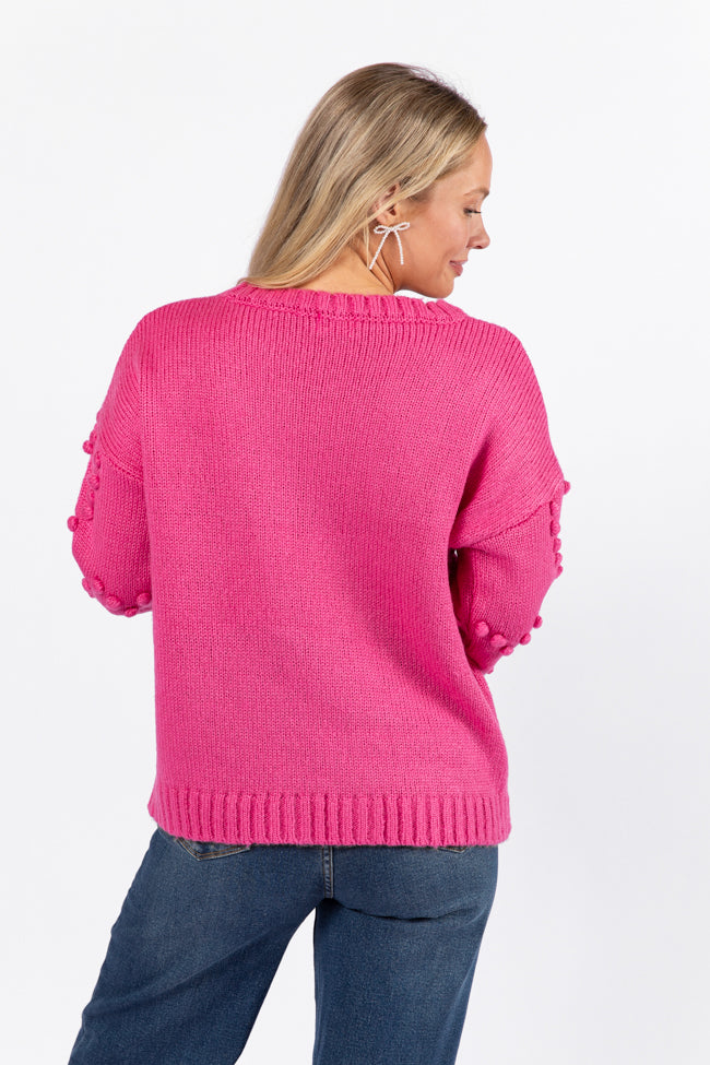 Adore You Hot Pink Oversized Heart Pom Knit Sweater - Cozy Winter Pullover for Women | Perfect for Christmas, Valentine's Day & Casual Outfits