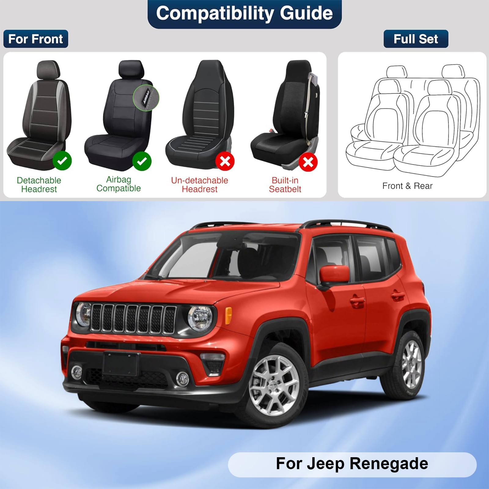 Premium Leather Car Seat Covers for Jeep Renegade 2015-2023 - Universal Anti-Slip Design Fits Most Cars, Sedans, SUVs & Trucks (Black Red Bars) - Perfect for Road Trips, Daily Commutes & Off-Road Adventures