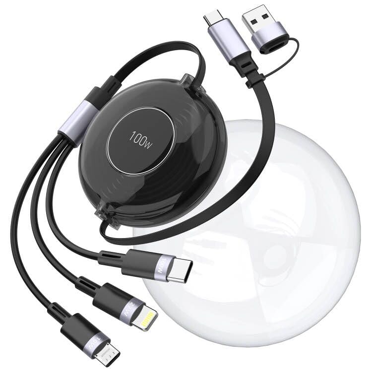 100W 3-in-1 Retractable USB C Charging Cable - Fast Charger for iPhone 15/14, Samsung, iPad, Kindle - Universal Type C/Lightning/Micro USB (Black) | Perfect for Travel, Home & Office Use
