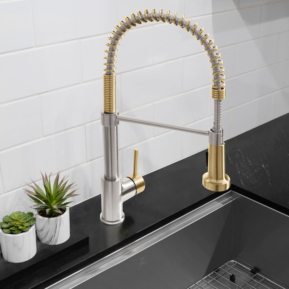 ZLINE Autograph Edition Apollo Pull Down Spring Single Handle Kitchen Faucet in Brushed Nickel & Champagne Bronze - Modern High Arc Design for Easy Dishwashing & Food Prep (APL KF ZBNCB)