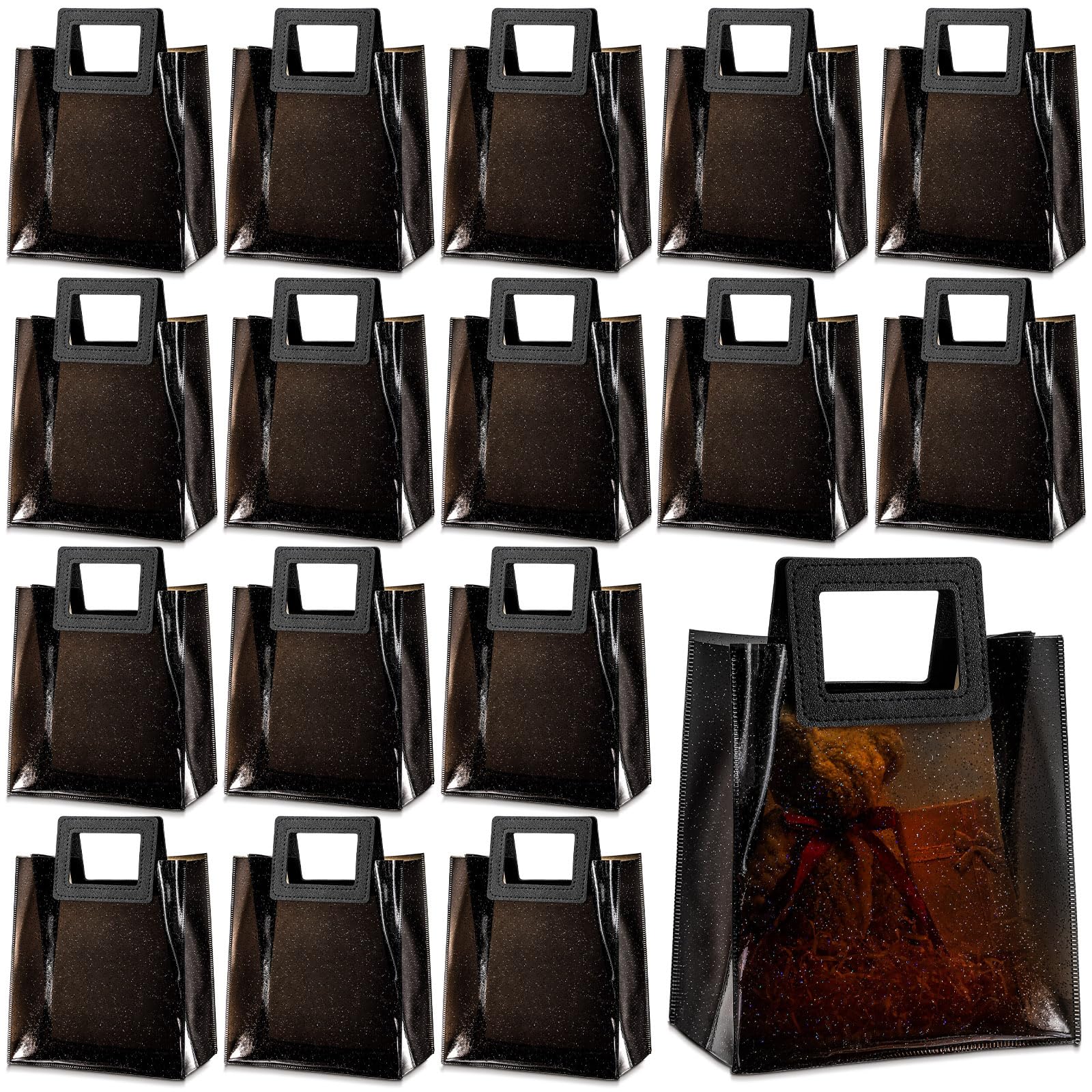 Jetec 20-Pack Clear PVC Gift Bags with Handles - 7x4x8 Inch Reusable Glitter Tote Bags for Wedding, Bridal Shower, Birthday Party & Baby Shower - Perfect for Gift Wrapping, Party Favors & Holiday Presents (Clear, Black, Glitter)