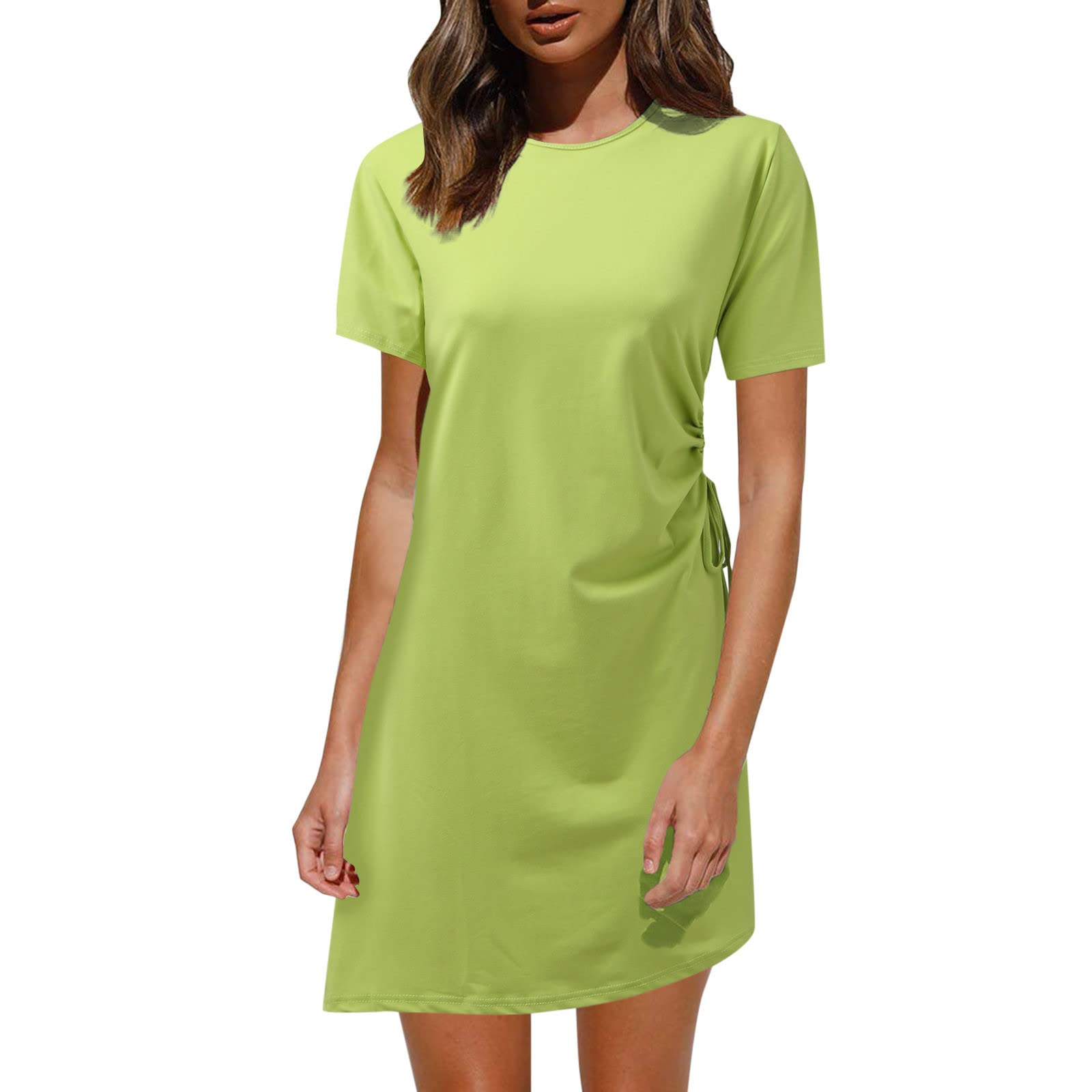 KASAAS Women's Summer Wedding Guest Dress - Casual Solid Color Round Neck Slim Fit Tie-Up Dress for Weddings, Parties & Special Occasions