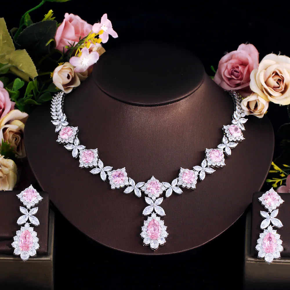 Luxury Pink Cubic Zirconia Wedding Jewelry Set for Women - 2 Piece Bridal Necklace Set, African Dubai Style Party Jewelry LYT0312 | Perfect for Weddings, Bridal Showers, and Special Occasions