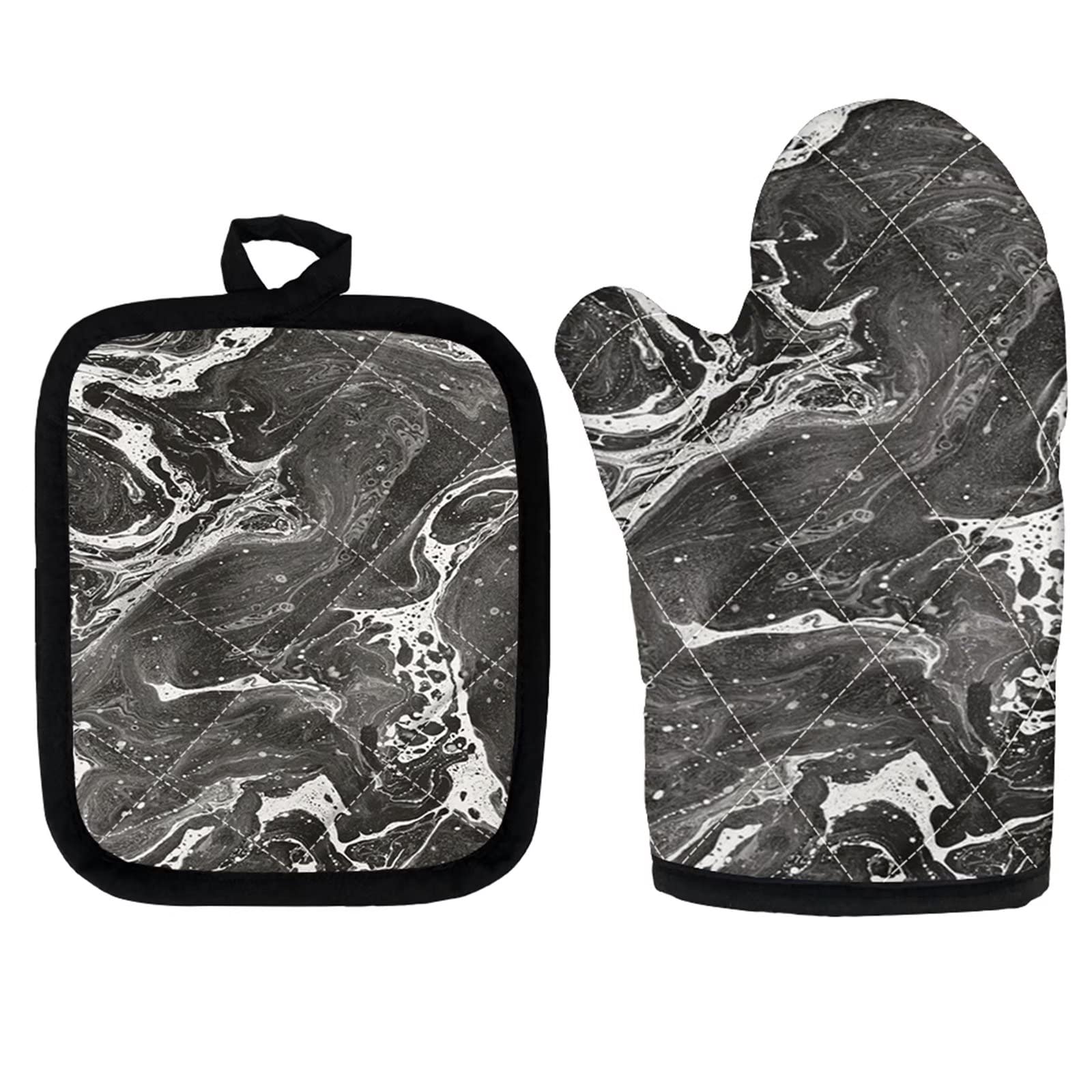 Heat Resistant Oven Mitts & Pot Holders Set - 2pcs Cotton Marble Black Kitchen Gloves for Cooking, Baking, Grilling | Microwave Safe | Perfect for BBQ, Baking, and Everyday Kitchen Use