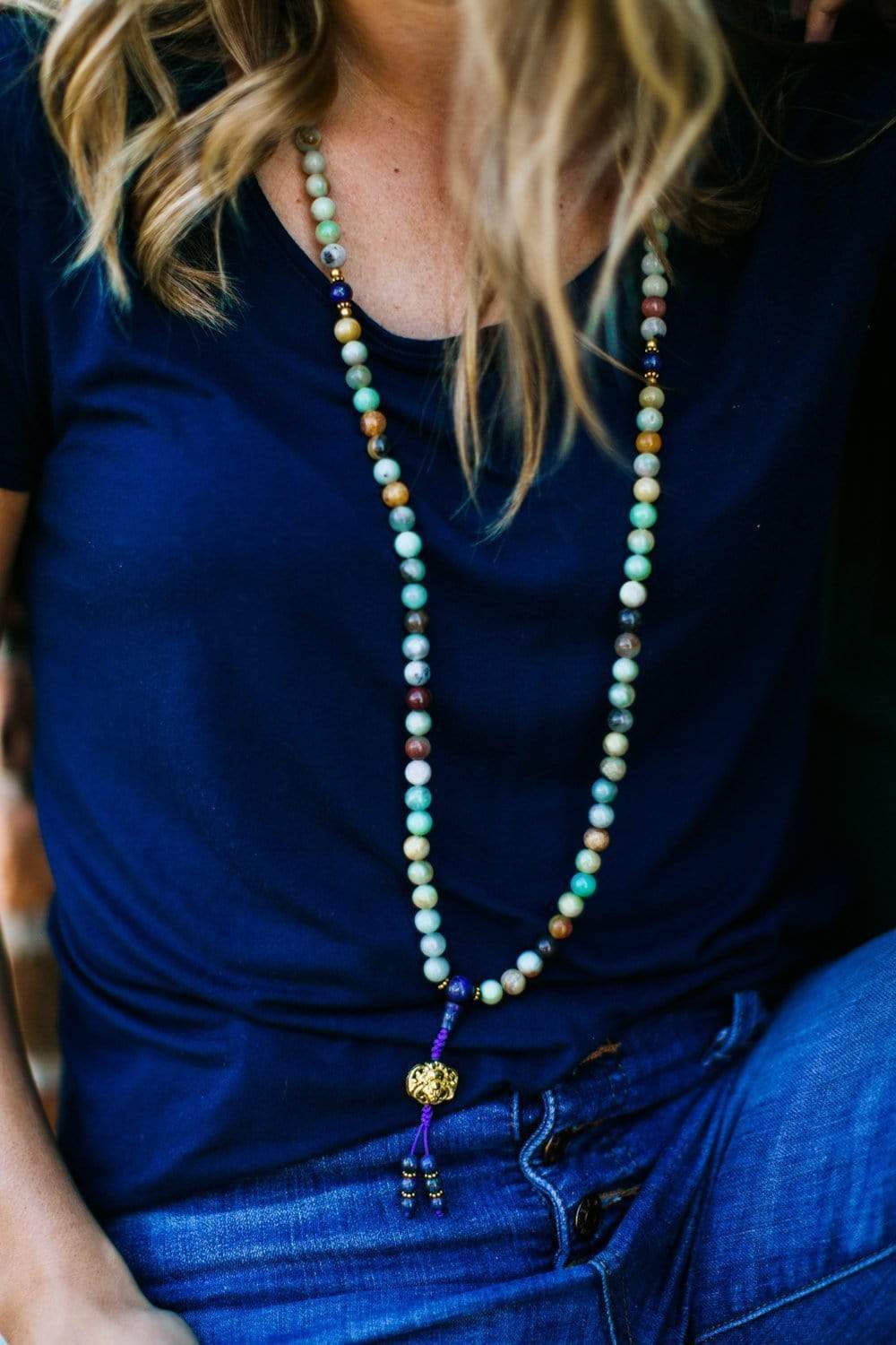 Amazonite Mala Beads with Gold Cheppu Pendant - 108 Healing Meditation Prayer Beads for Yoga, Mindfulness & Spiritual Practice