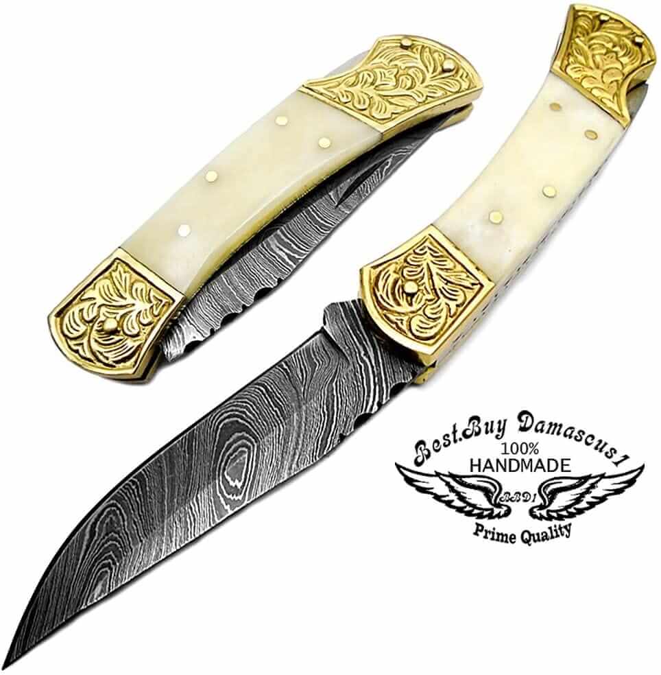 Handmade Damascus Folding Pocket Knife with Camel Bone Handle - 7.5