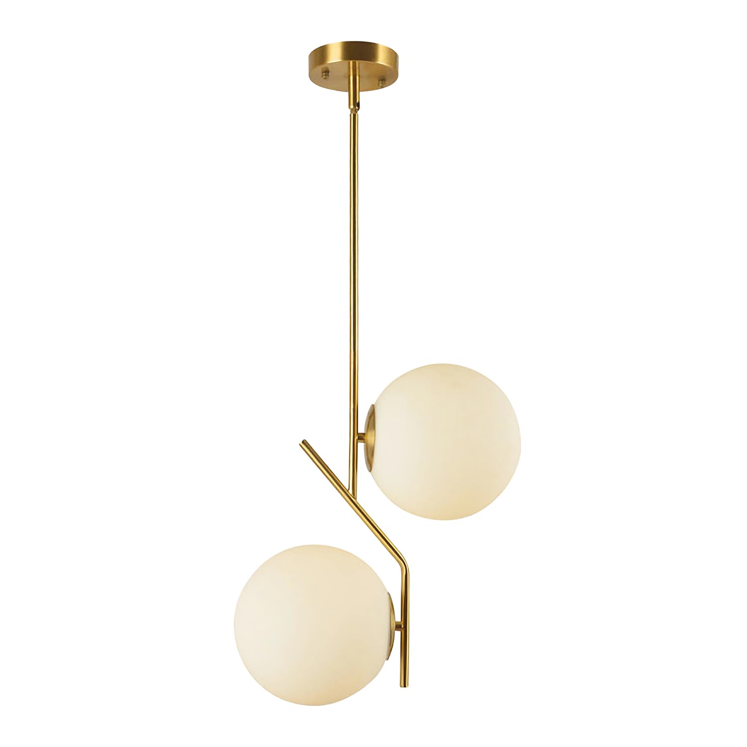 Mid Century Modern 2-Light Globe Pendant Light - Brushed Gold Minimalist Hanging Lamp with White Glass Shade for Kitchen Island, Dining Room & Living Room Ceiling Lighting (Small Size)
