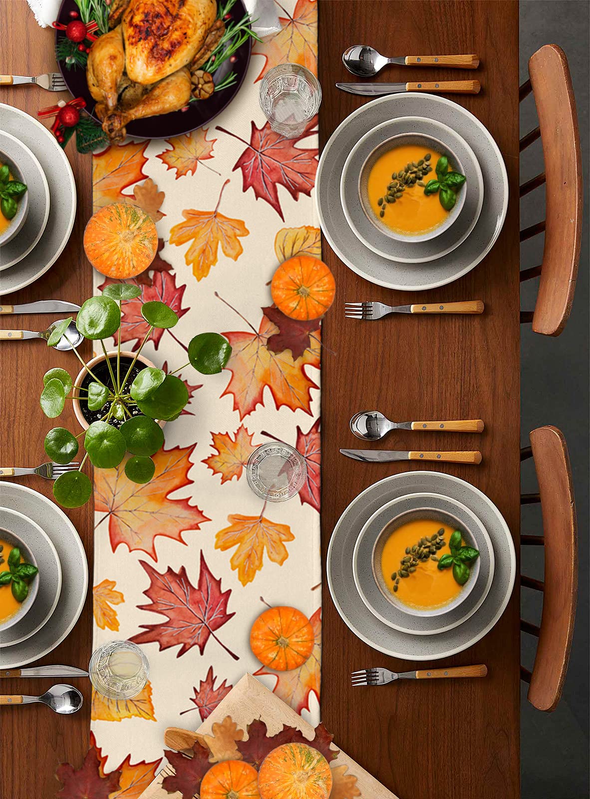 90-Inch Autumn Maple Leaf Burlap Table Runner - Rustic Fall Kitchen & Dining Table Decor for Family Dinners, Holiday Gatherings & Parties (13x90 Inches) | Perfect for Thanksgiving, Christmas & Seasonal Home Decor