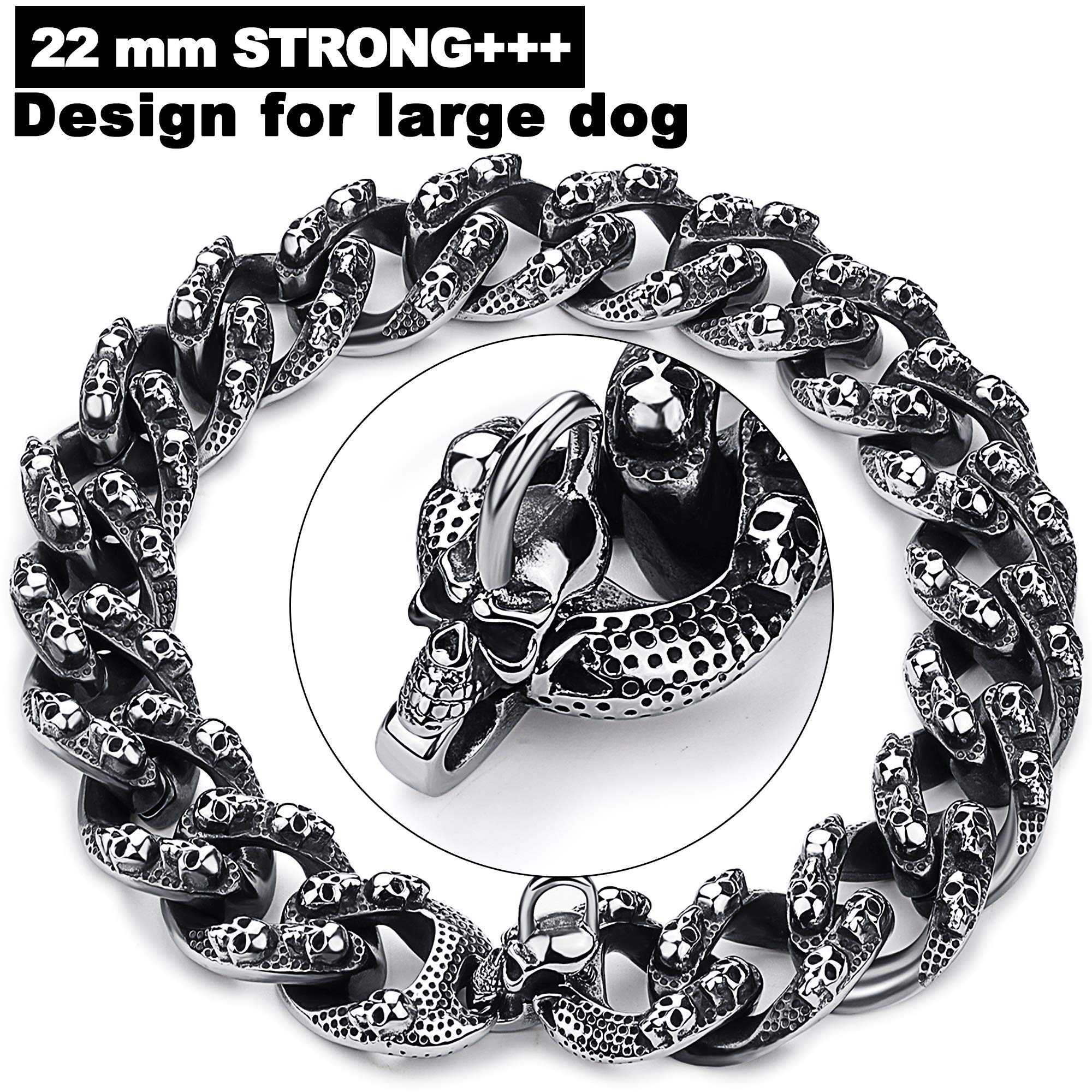 TXPRODOGCHAINS Skull Dog Collar - Antique Black Gothic Stainless Steel Cuban Link Choke Chain for Large Breed Dogs (16-26 inch) | Punk Style Pet Necklace with Carved Skulls | Perfect for Training, Walking & Gothic Fashion Accessories