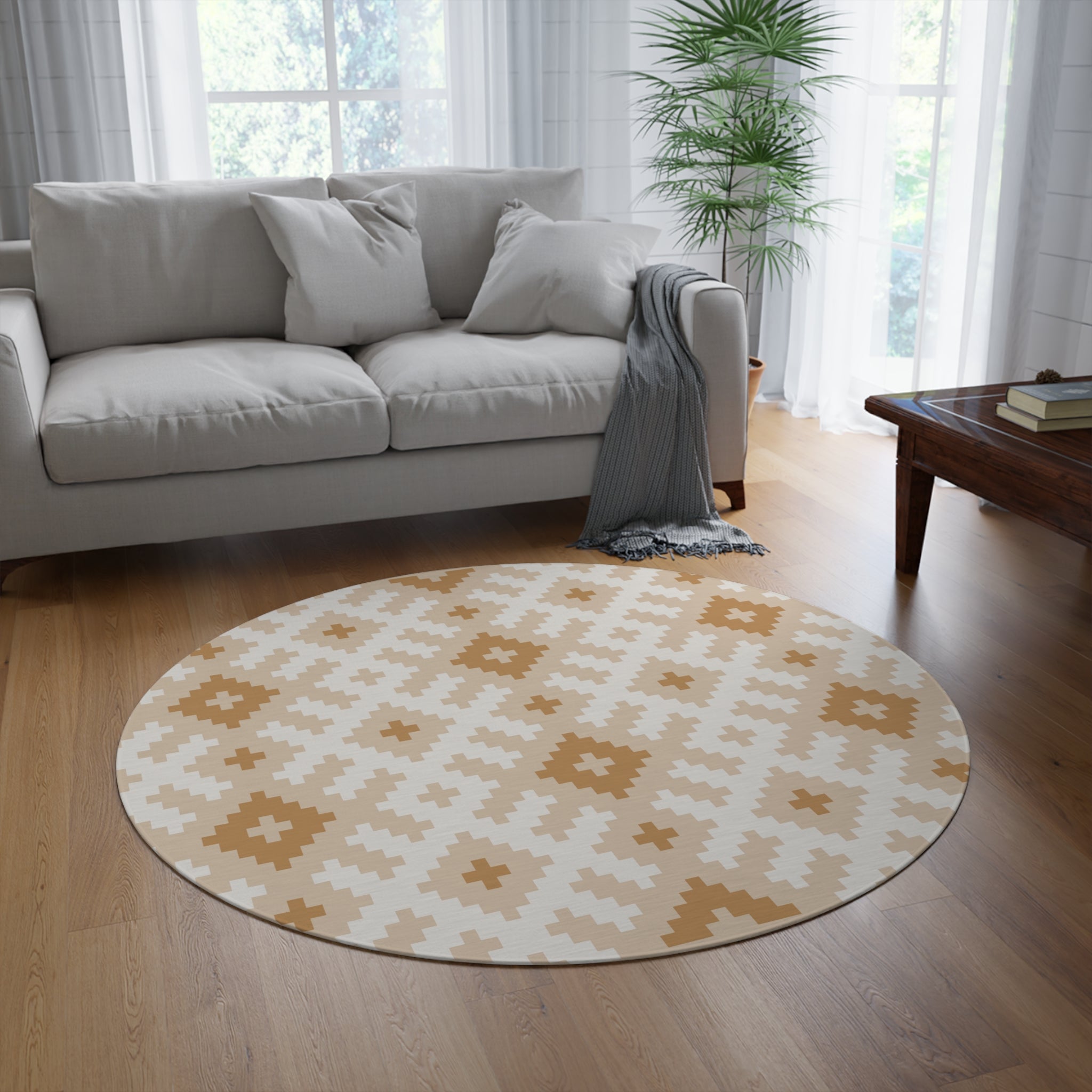 Bohemian Round Rug - Southwestern Style Handwoven Sand Plains Design for Living Room, Bedroom & Boho Decor