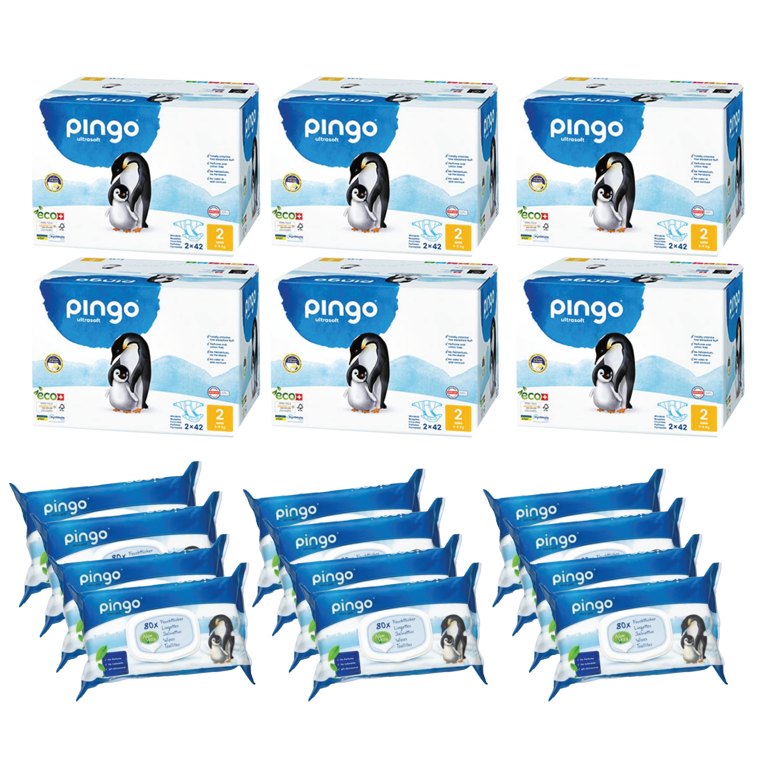 Premium Organic Disposable Diapers Size 2 for Babies 6.6-13 lbs | 3-Month Supply (504 Diapers) + 12 Packs Sensitive Aloe Vera Wipes (960 Count) | Hypoallergenic, Swiss Quality | Perfect for Newborns, Travel & Overnight Protection