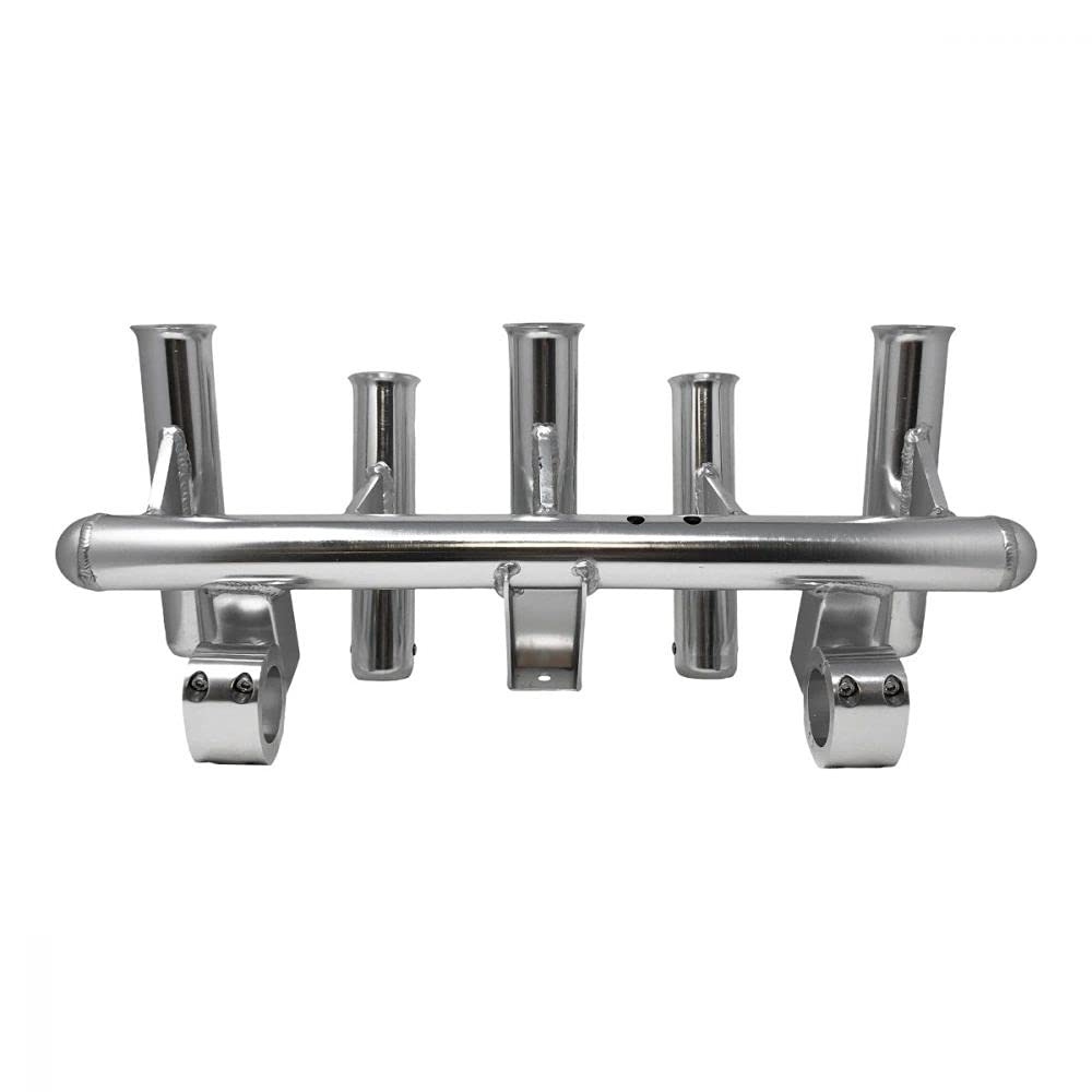 Fishmaster T-Top 5 Rod Holder - Adjustable Fishing Rocket Launcher for T-Top Boats - Bright Dip Anodized or White Powder Coat - Universal Inserts - 24