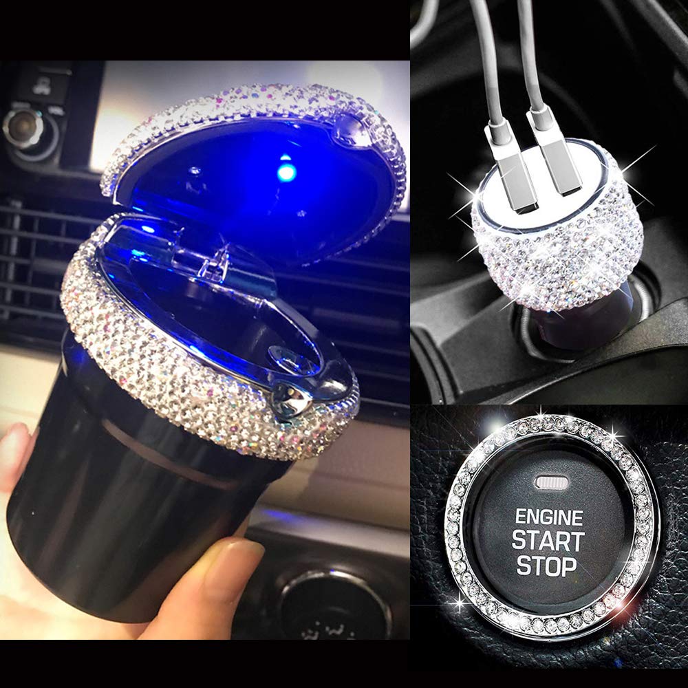 3 Pack Bling Car Accessories for Women - LED Smokeless Car Ashtray, Dual USB Charger & Emblem Stickers | Car Decor & Organization | Perfect for Road Trips, Commuting & Gift Giving